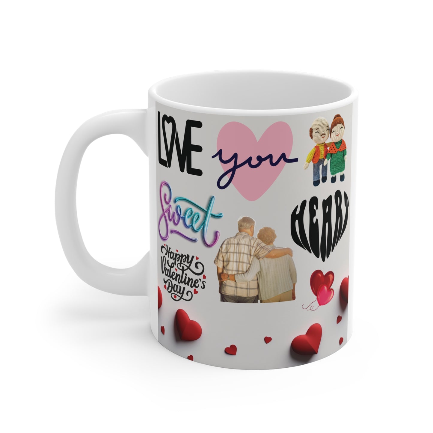 Valentine’s Day coffee mug featuring “Love You Sweet Heart” text, cute couple illustration and heart graphics
