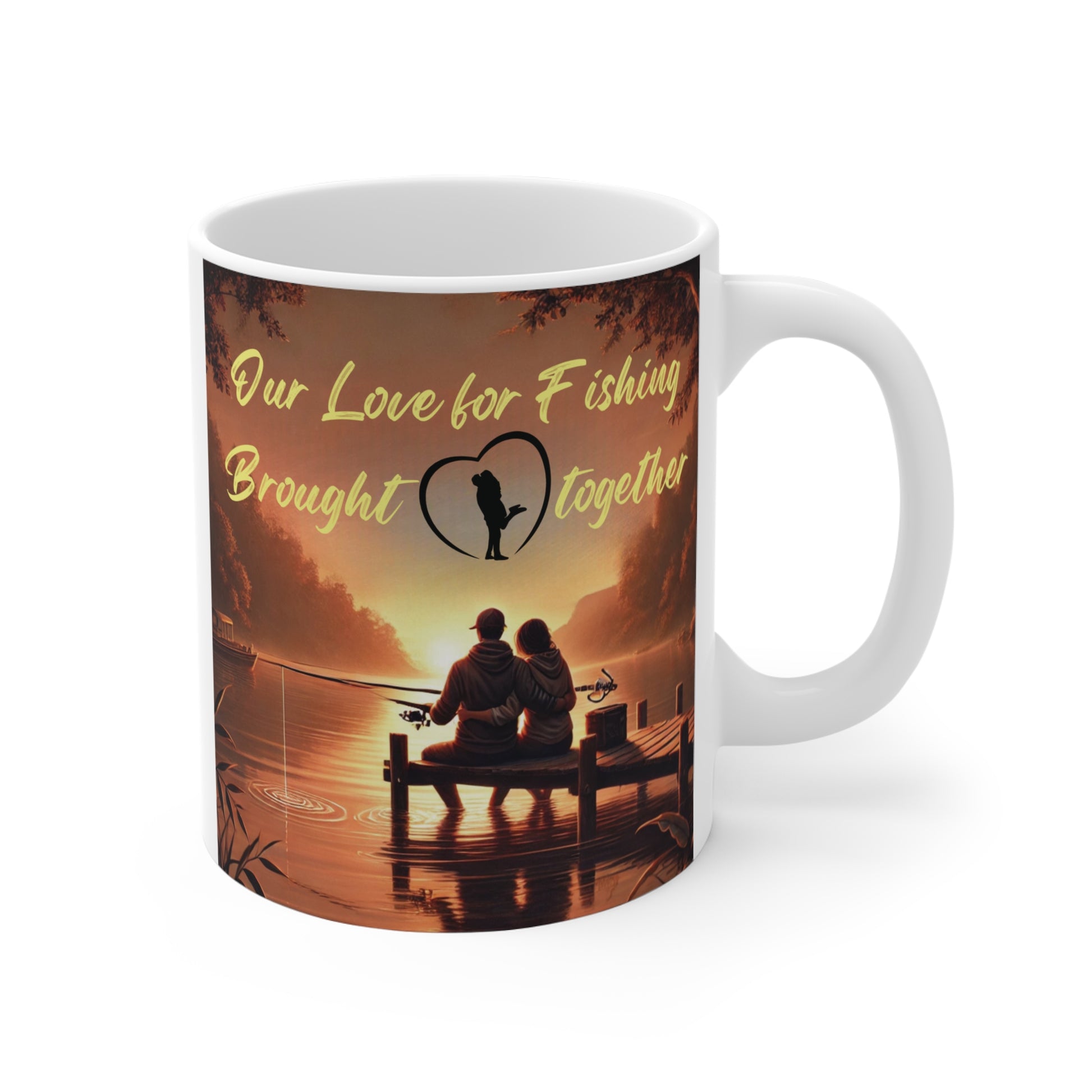 Romantic fishing coffee mug featuring couple on dock at sunset, love and hobby themed gift idea