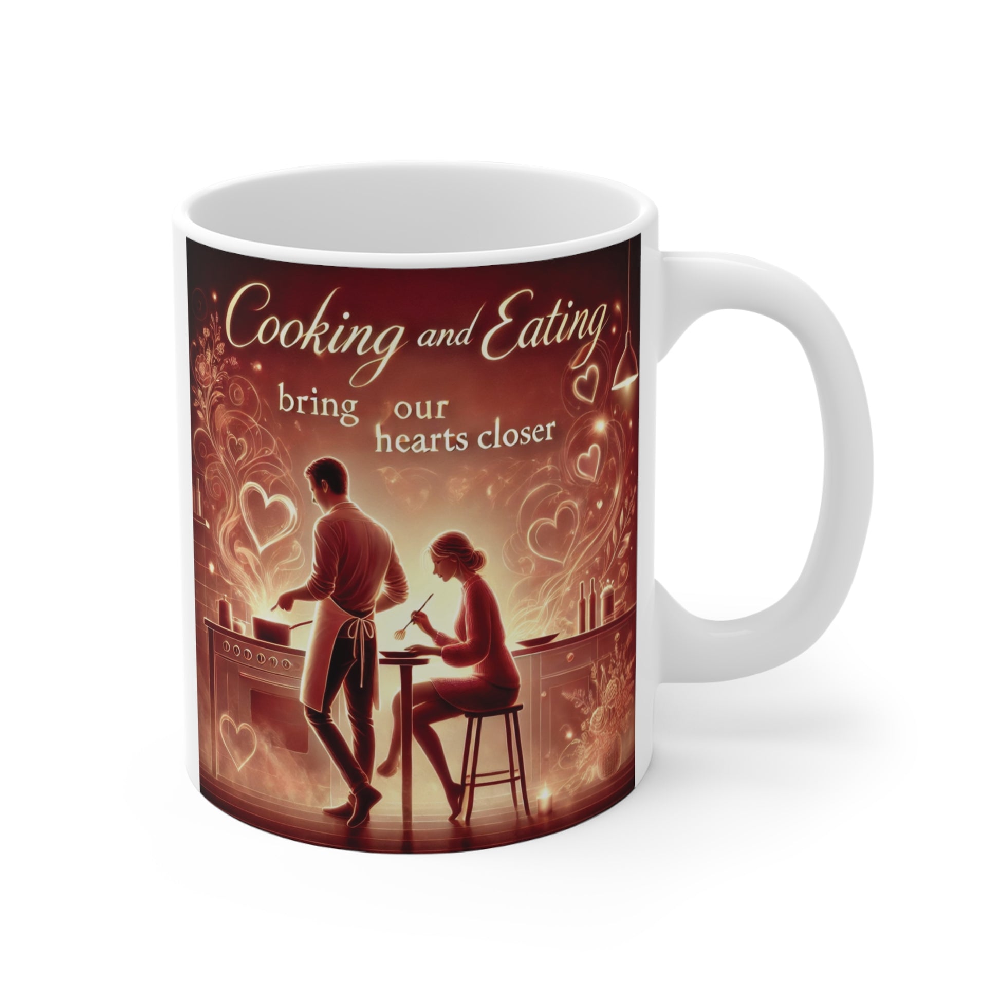 Valentine style mug design with couple cooking and eating together, warm red tones, heart illustrations and love quote about cooking bonding couples