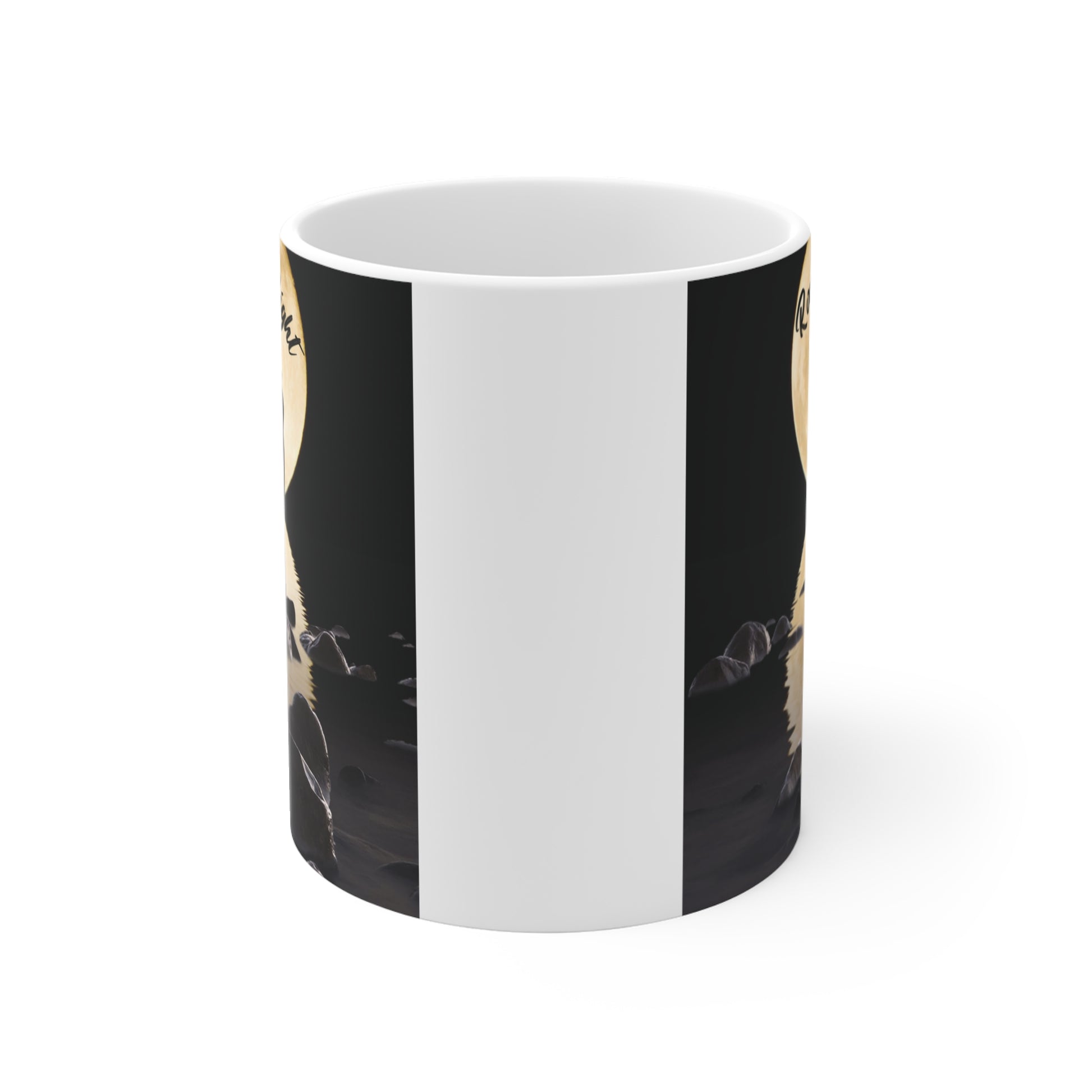 Love-themed coffee mug featuring kissing couple silhouette under full moon by water, romantic night scene gift idea