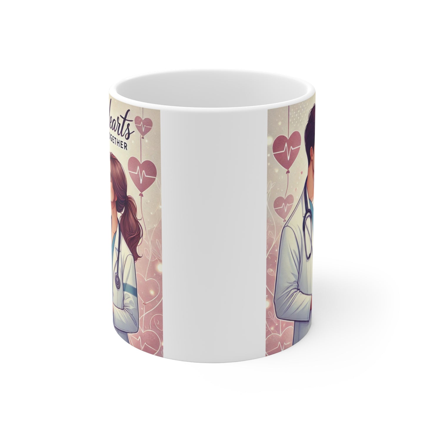 Romantic healthcare mug with doctor couple illustration and heart design, perfect gift for nurses or physicians