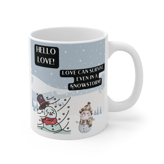 Cute snowman mug with winter snowstorm design and romantic quote ‘Love can survive even in a snowstorm’ on ceramic coffee cup