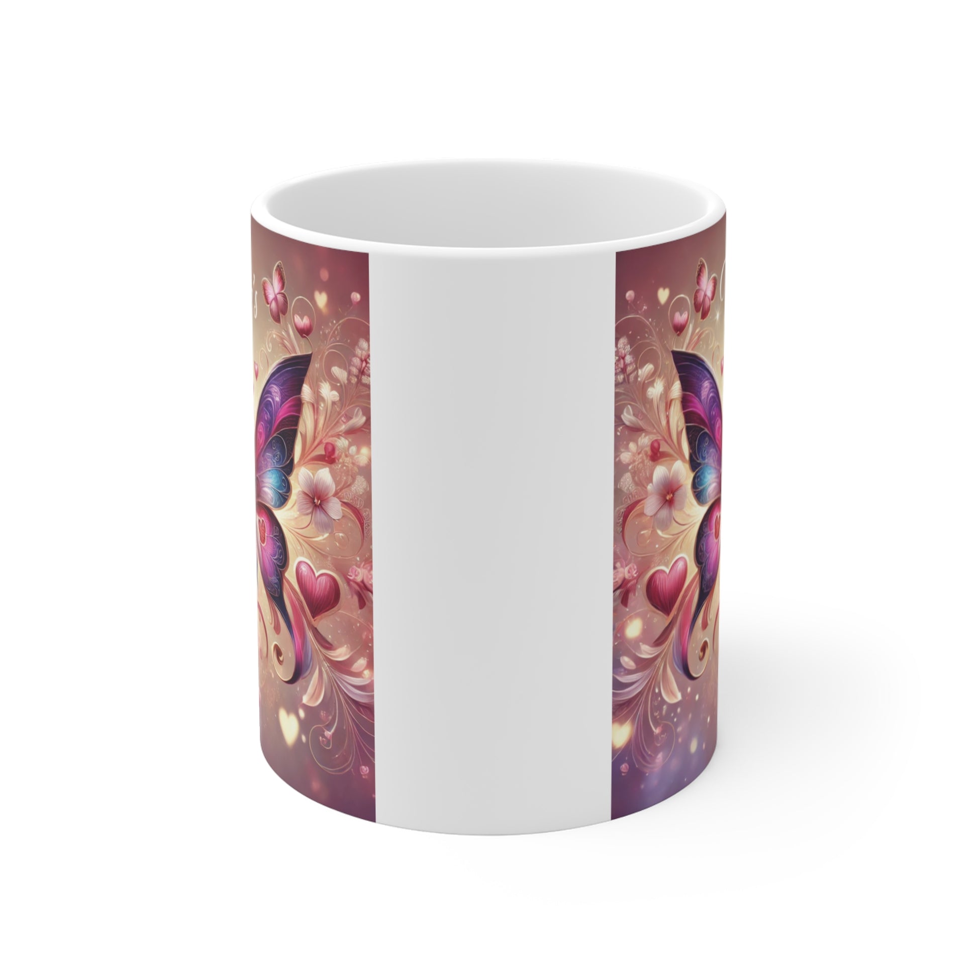 Romantic butterfly mug with pink floral patterns and hearts, perfect Valentine gift for couples