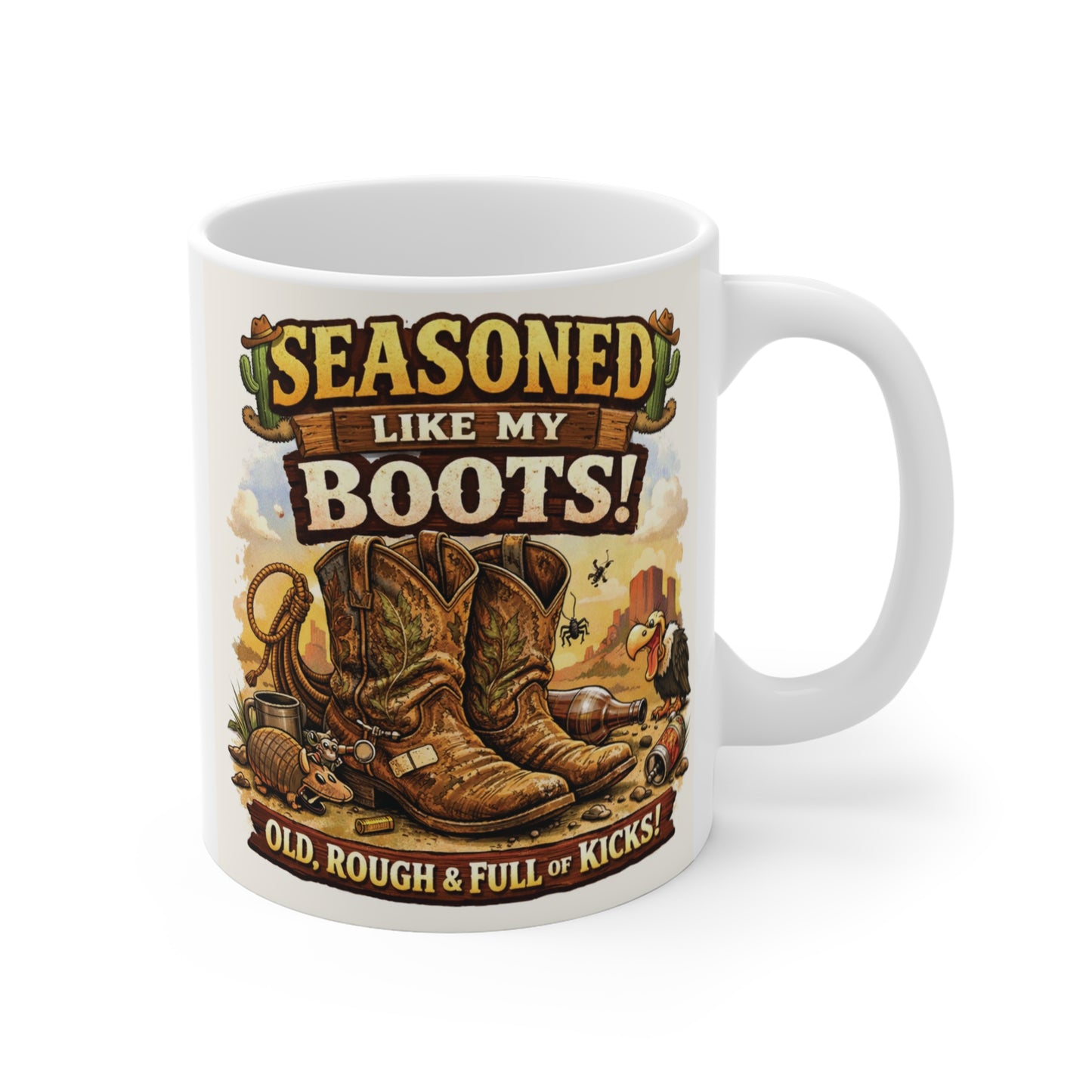 Funny Seasoned Like My Boots cowboy coffee mug featuring vintage western boots illustration on an 11oz ceramic mug.