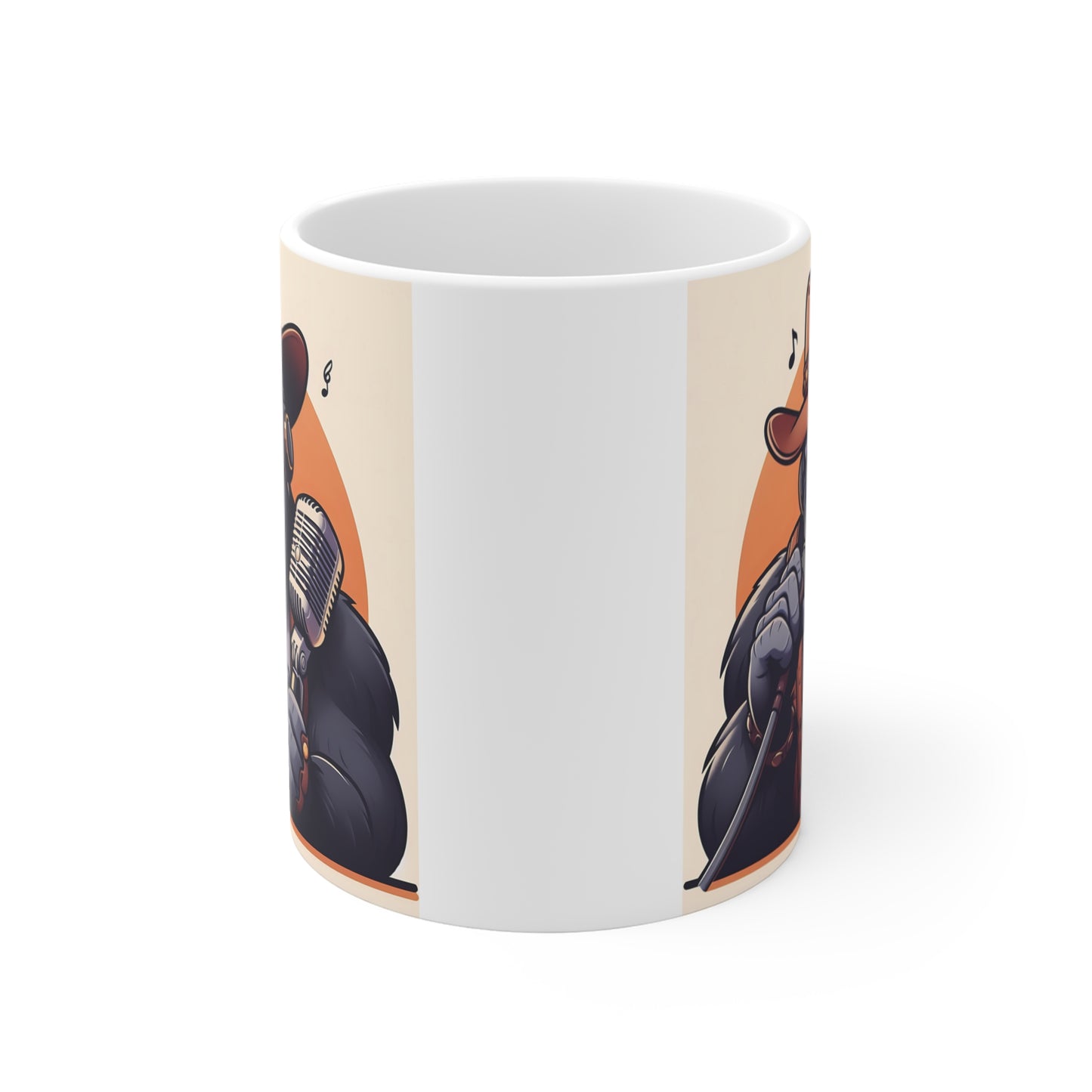 Illustrated gorilla performer on a ceramic coffee mug, holding a microphone with headphones and western cowboy attire in a playful cartoon style.