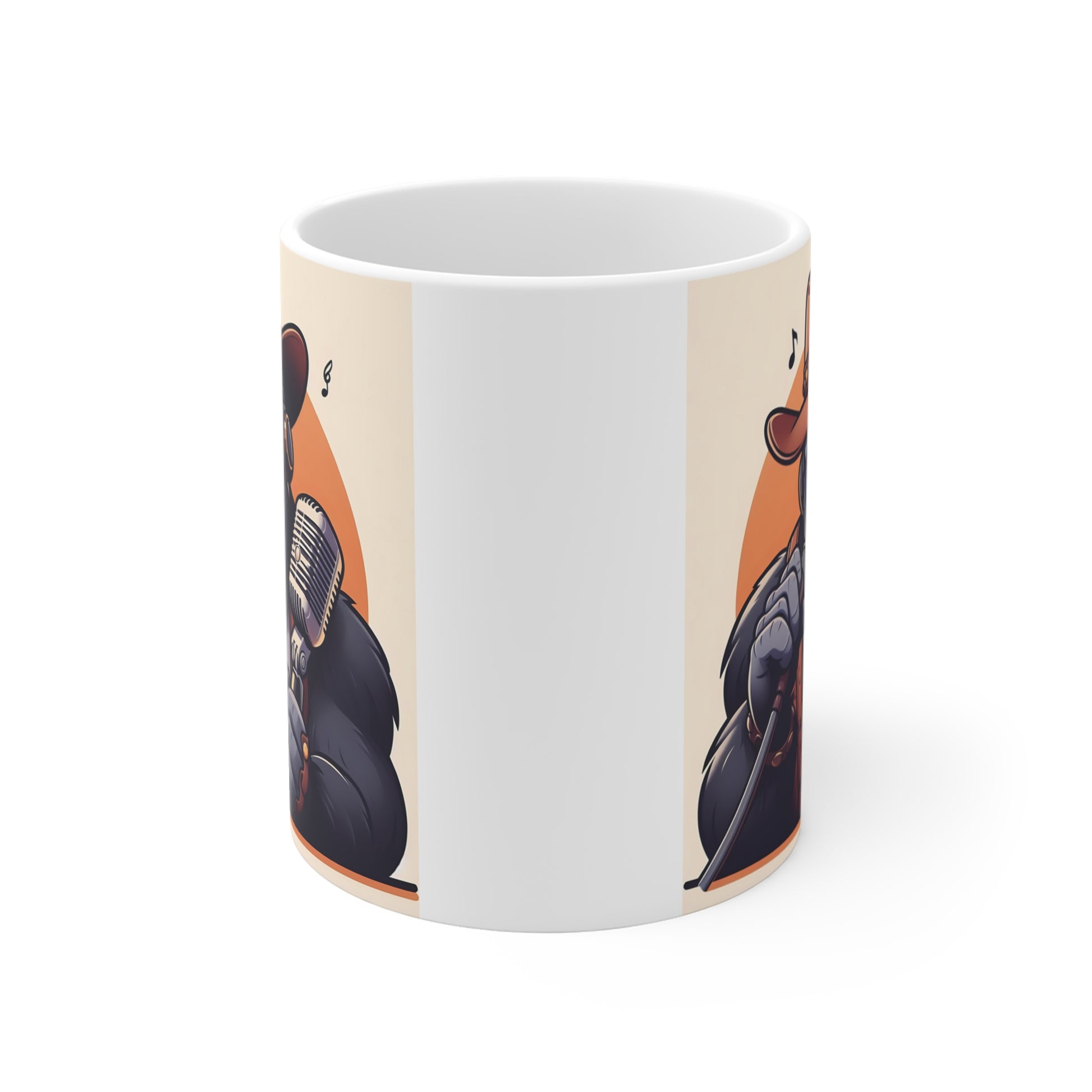 Illustrated gorilla performer on a ceramic coffee mug, holding a microphone with headphones and western cowboy attire in a playful cartoon style.