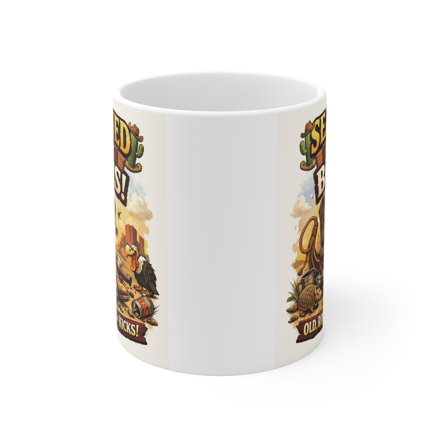 Rustic cowboy boots coffee mug with humorous western saying and vintage desert artwork.