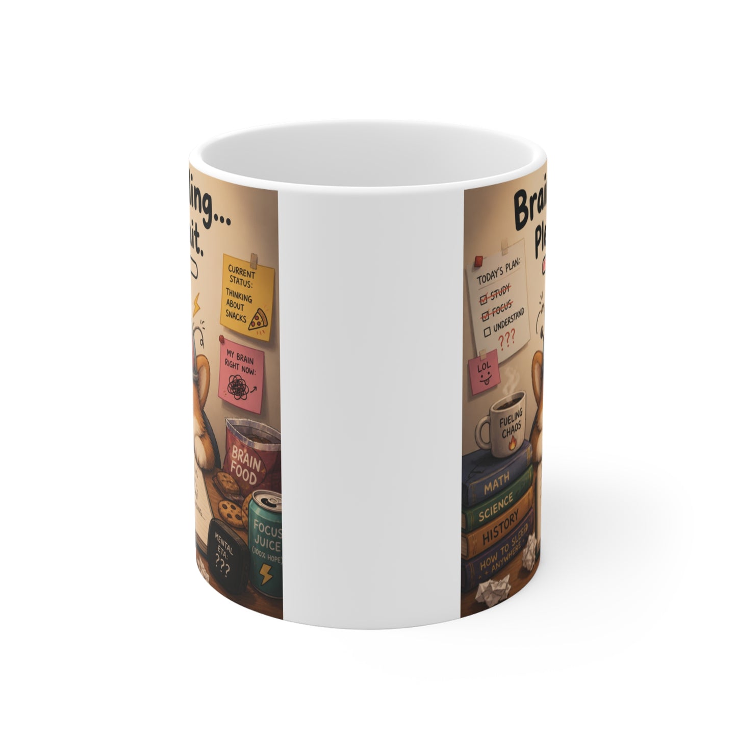 Relatable student and office humor gift mug showing an exhausted corgi surrounded by notebooks and sticky notes