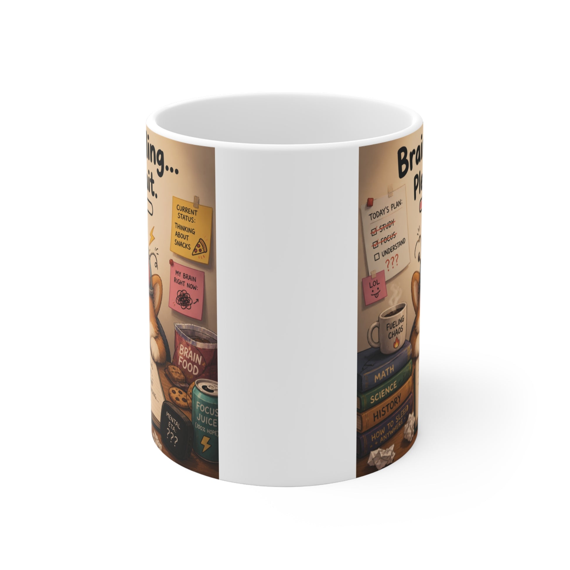 Relatable student and office humor gift mug showing an exhausted corgi surrounded by notebooks and sticky notes