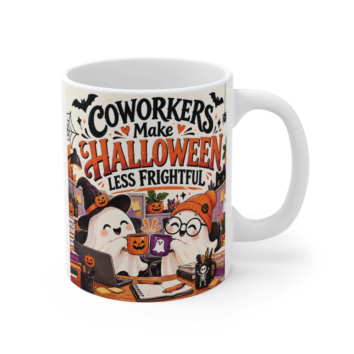Coworkers Make Halloween Less Frightful 11oz mug with cute ghost coworkers, a funny Halloween office gift for colleagues and work besties.