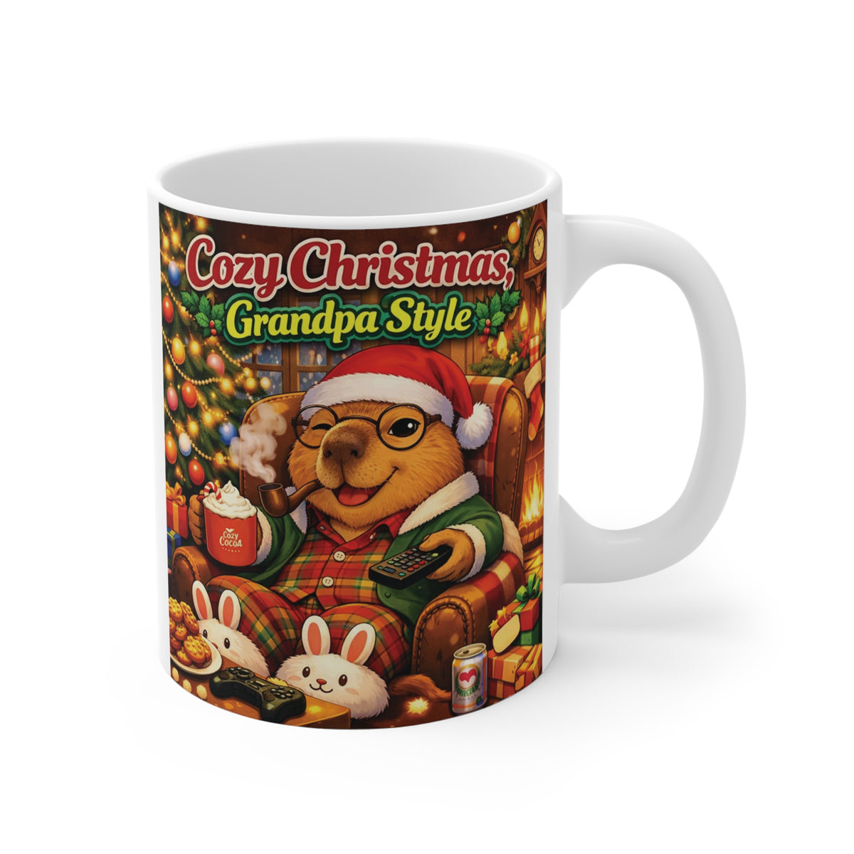 11oz white ceramic coffee mug featuring a cute capybara in pajamas and a Santa hat relaxing by a Christmas tree with the text "Cozy Christmas, Grandpa Style".