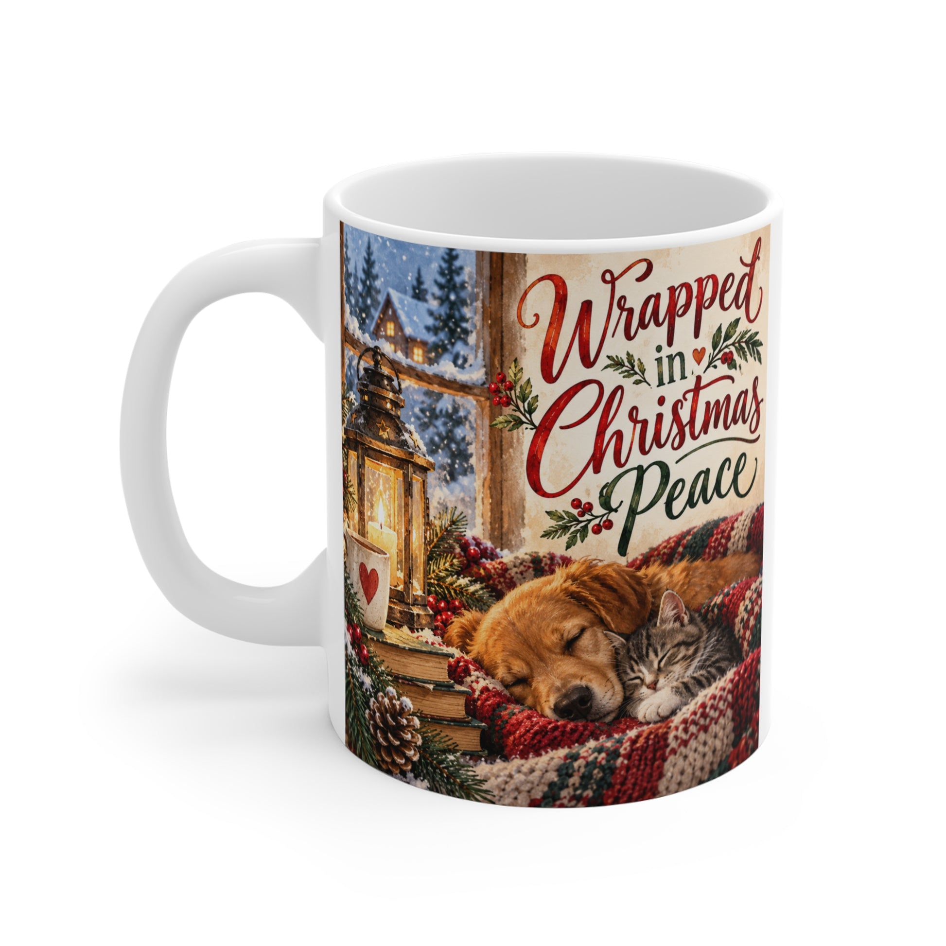 Cozy Christmas coffee mug featuring a sleeping dog and kitten wrapped in a festive blanket, Christmas gift for dog and cat lovers