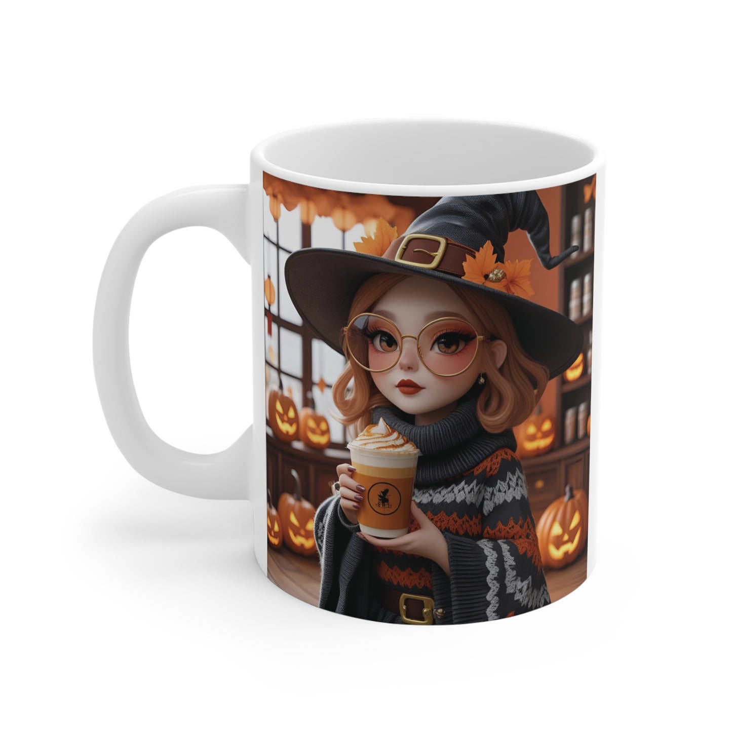 Aesthetic 11oz ceramic fall mug featuring a stylish witch holding a coffee drink for Halloween and autumn.