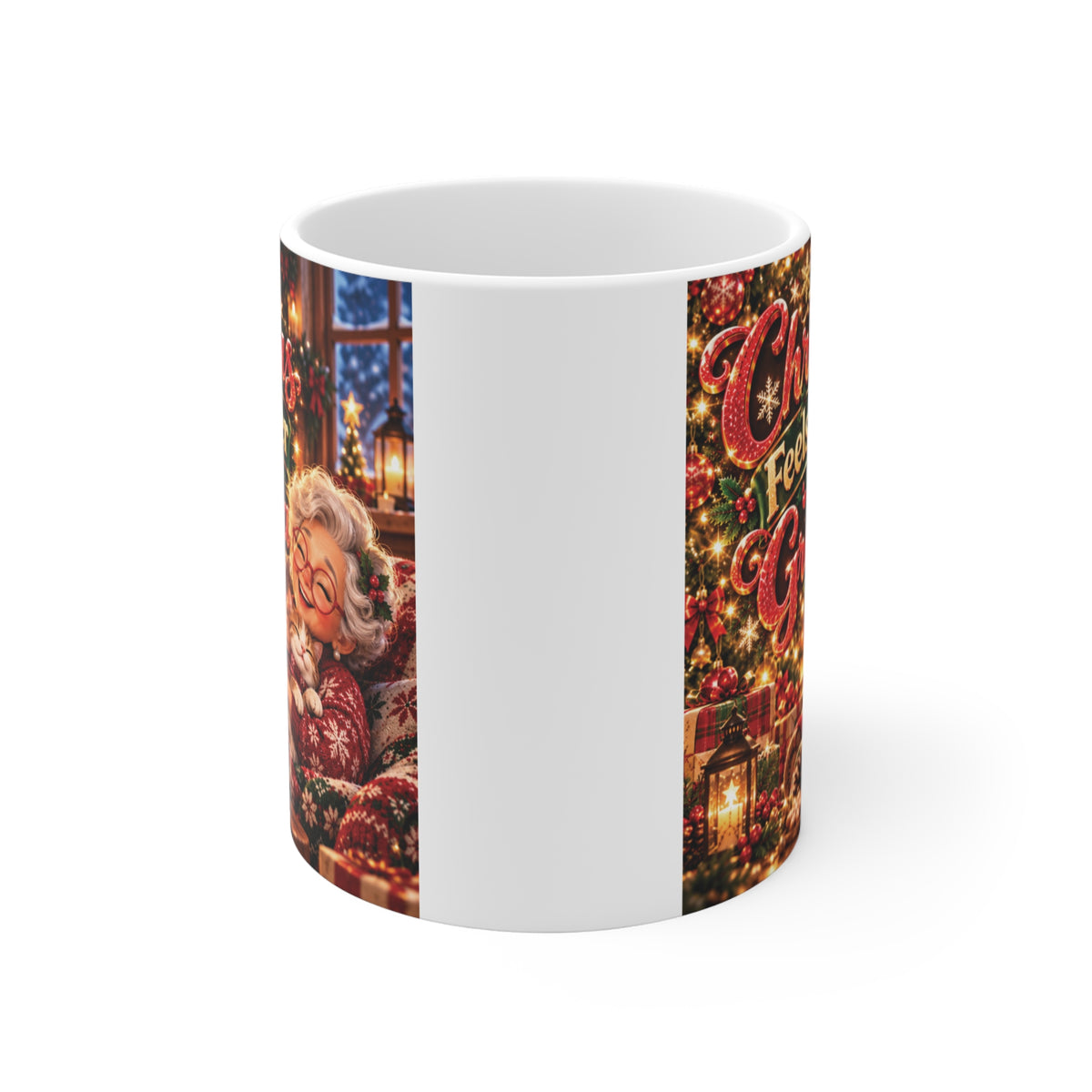 Heartwarming Christmas gift ceramic coffee mug for grandma showing holiday lights, presents, and a cozy winter scene.
