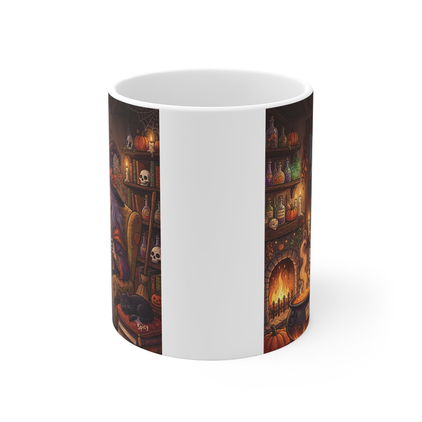 Funny Halloween witch pumpkin spice potions coffee mug sitting against a clean white background.