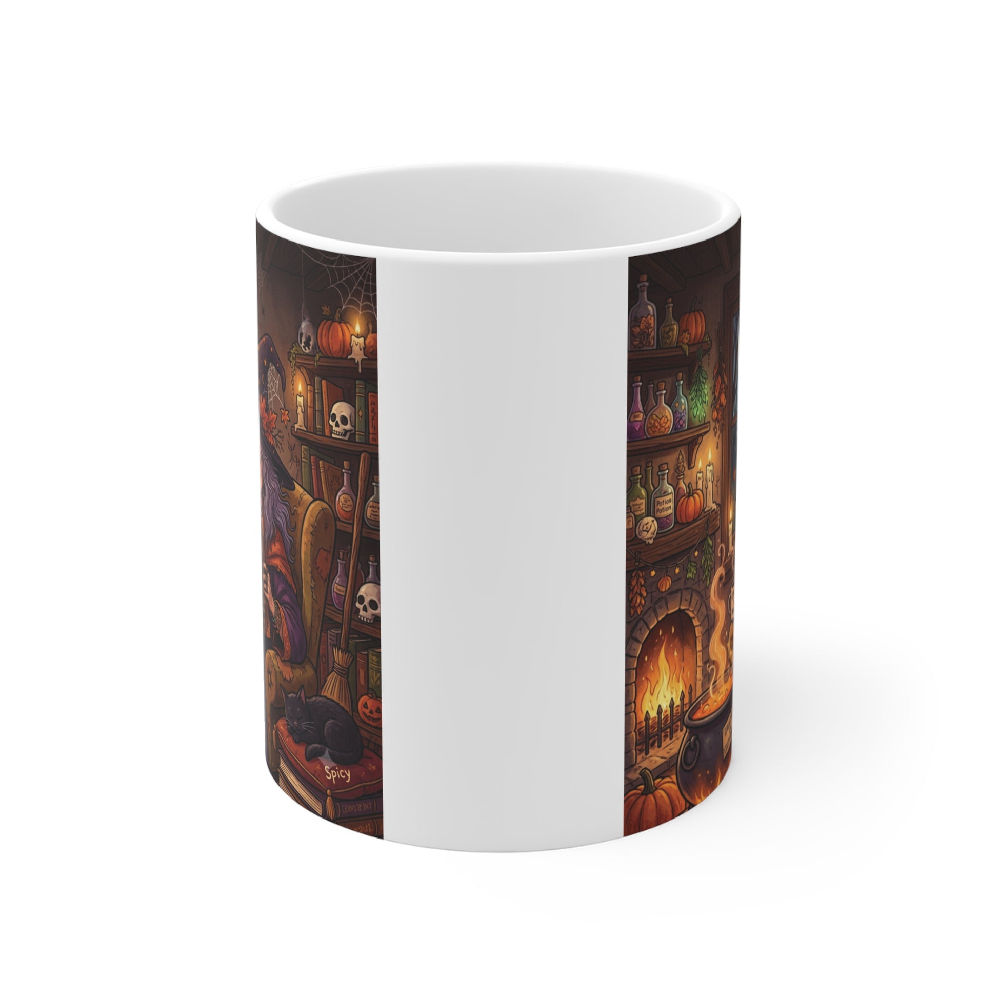 Funny Halloween witch pumpkin spice potions coffee mug sitting against a clean white background.