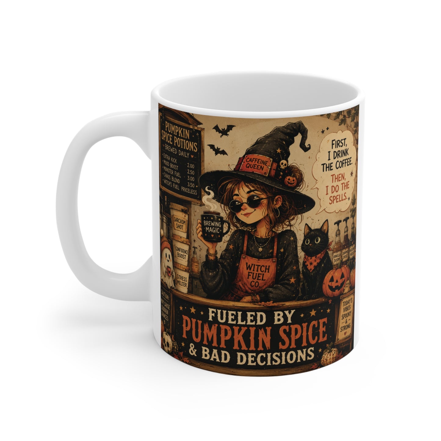 Witchy pumpkin spice 11oz ceramic Halloween coffee mug with cozy fall artwork