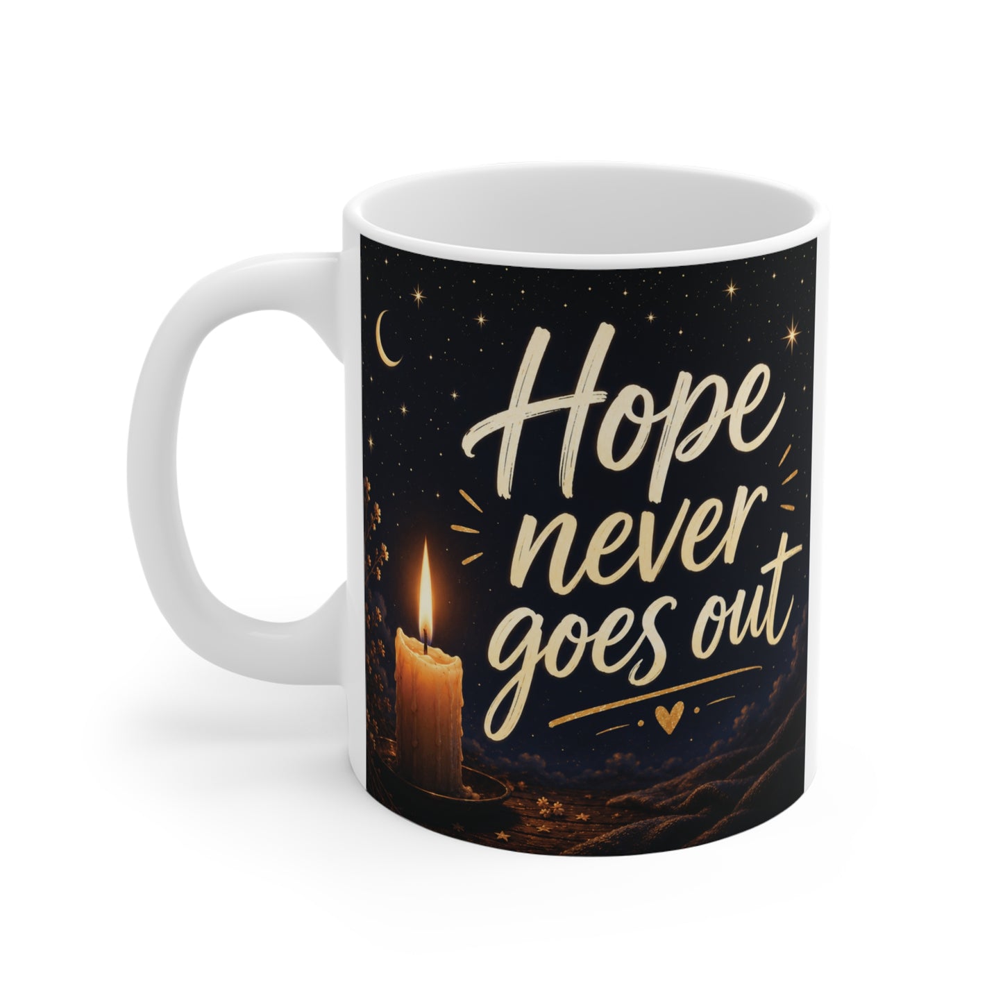 Motivational ceramic coffee cup with candle illustration and positive affirmation quote for hope and encouragement