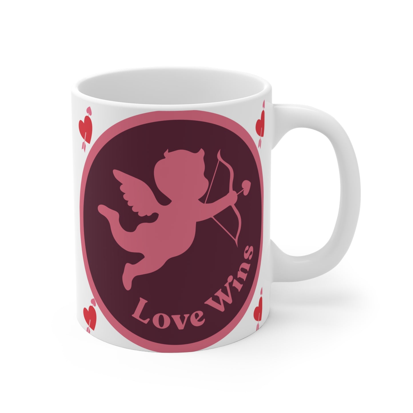 Valentine's Day coffee mug with flying cupid silhouette, heart decorations, and inspirational message 'Love Wins' on white background.