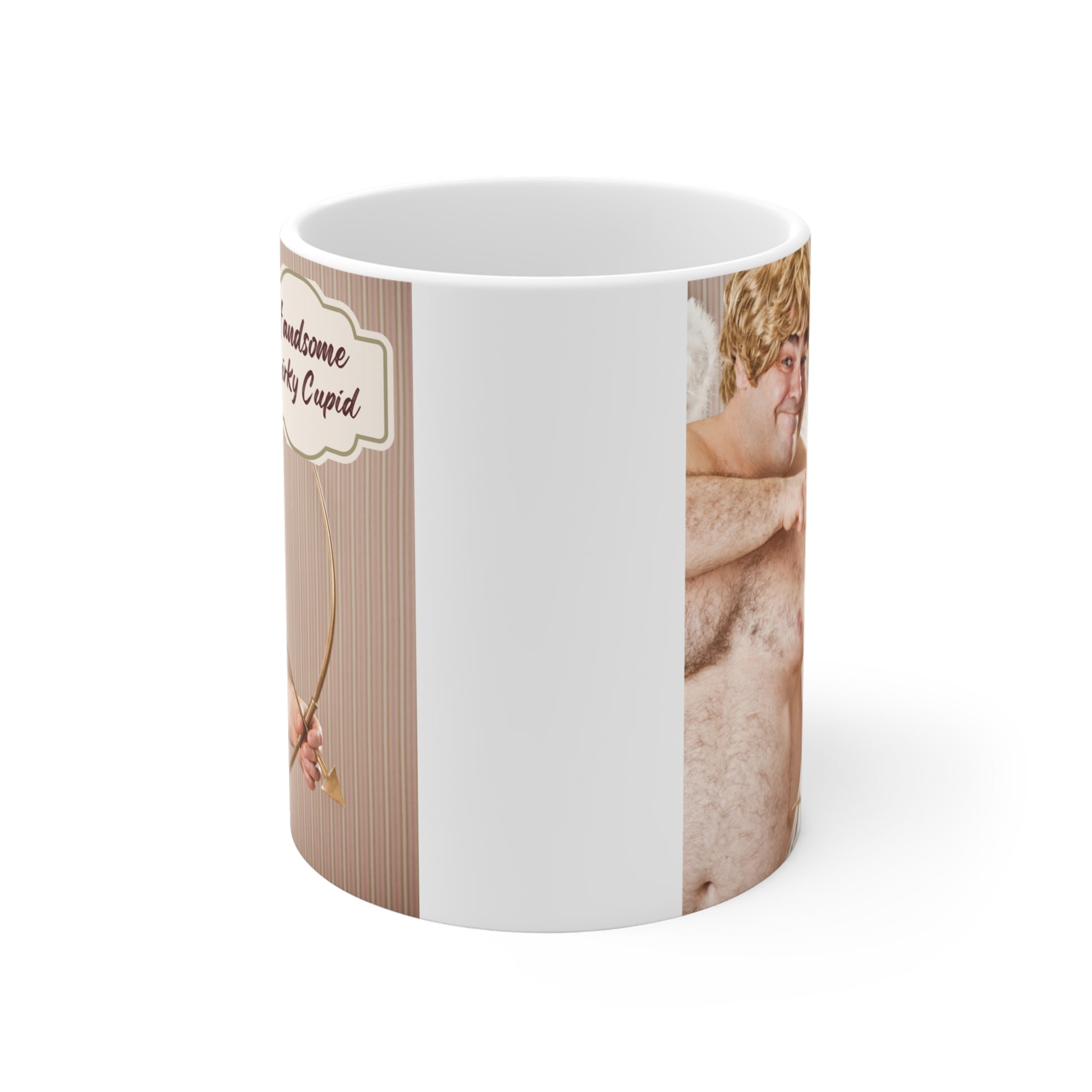 Humorous Valentine’s Day coffee mug featuring playful cupid character with wings and bow, unique gag gift idea