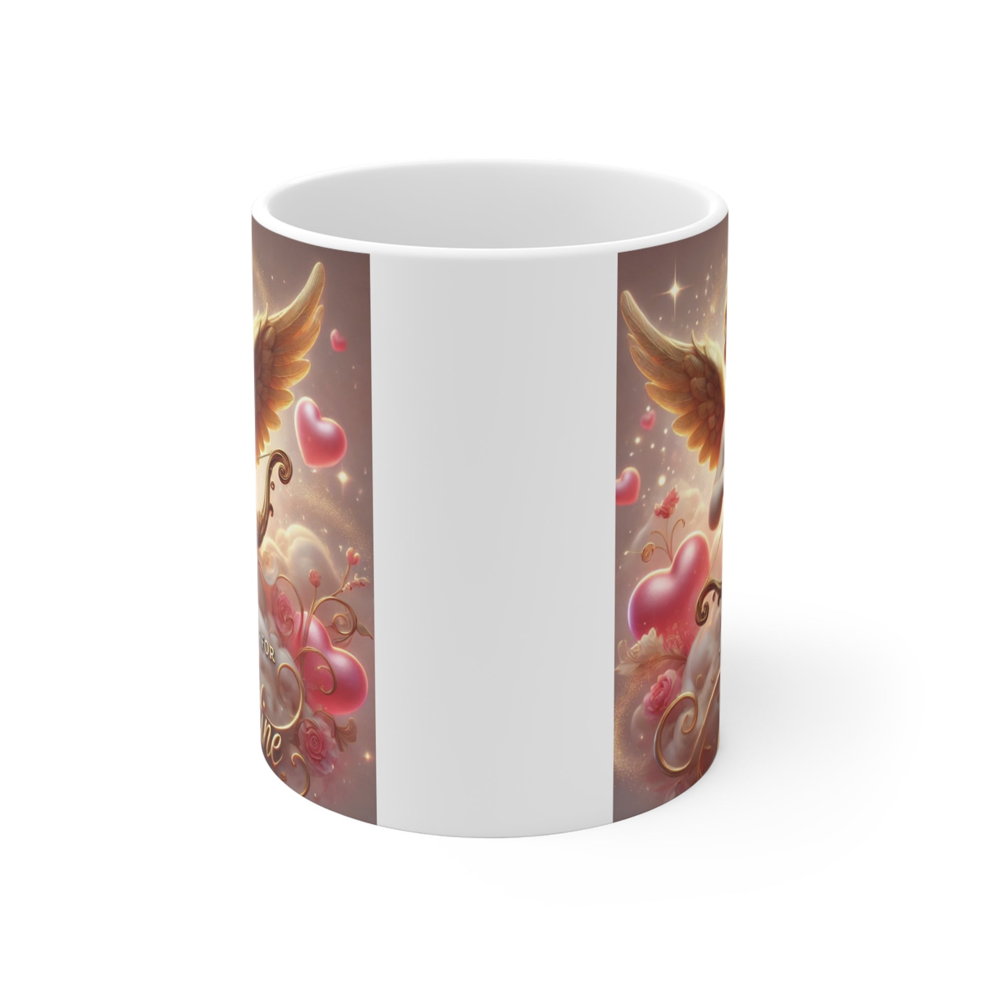 White ceramic coffee mug featuring a golden Cupid illustration with a bow and arrow, clouds, and pink hearts, captioned "Just Waiting for Valentine."