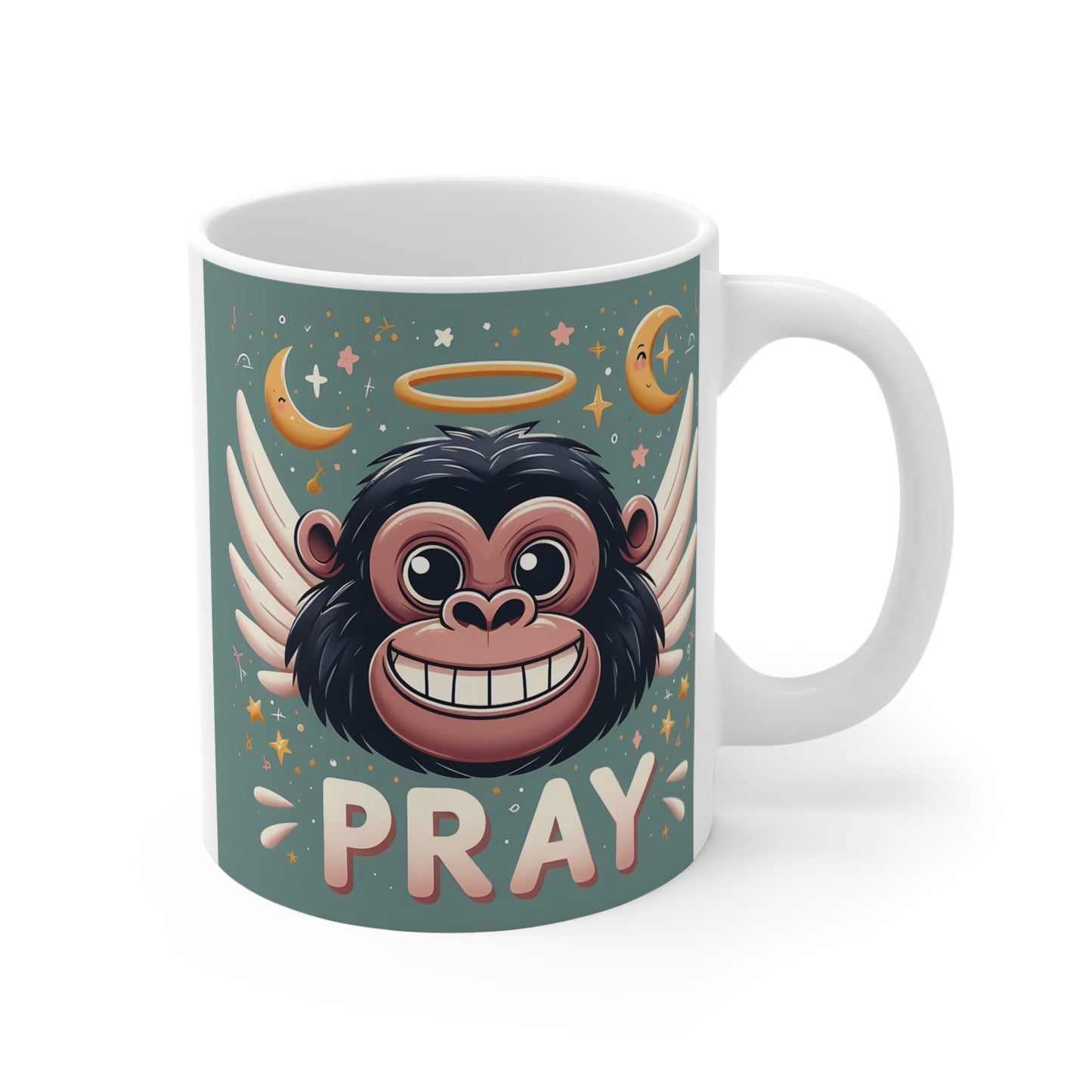 Cute angel gorilla mug with smiling cartoon ape, wings, halo, and “PRAY” text on a whimsical ceramic coffee mug