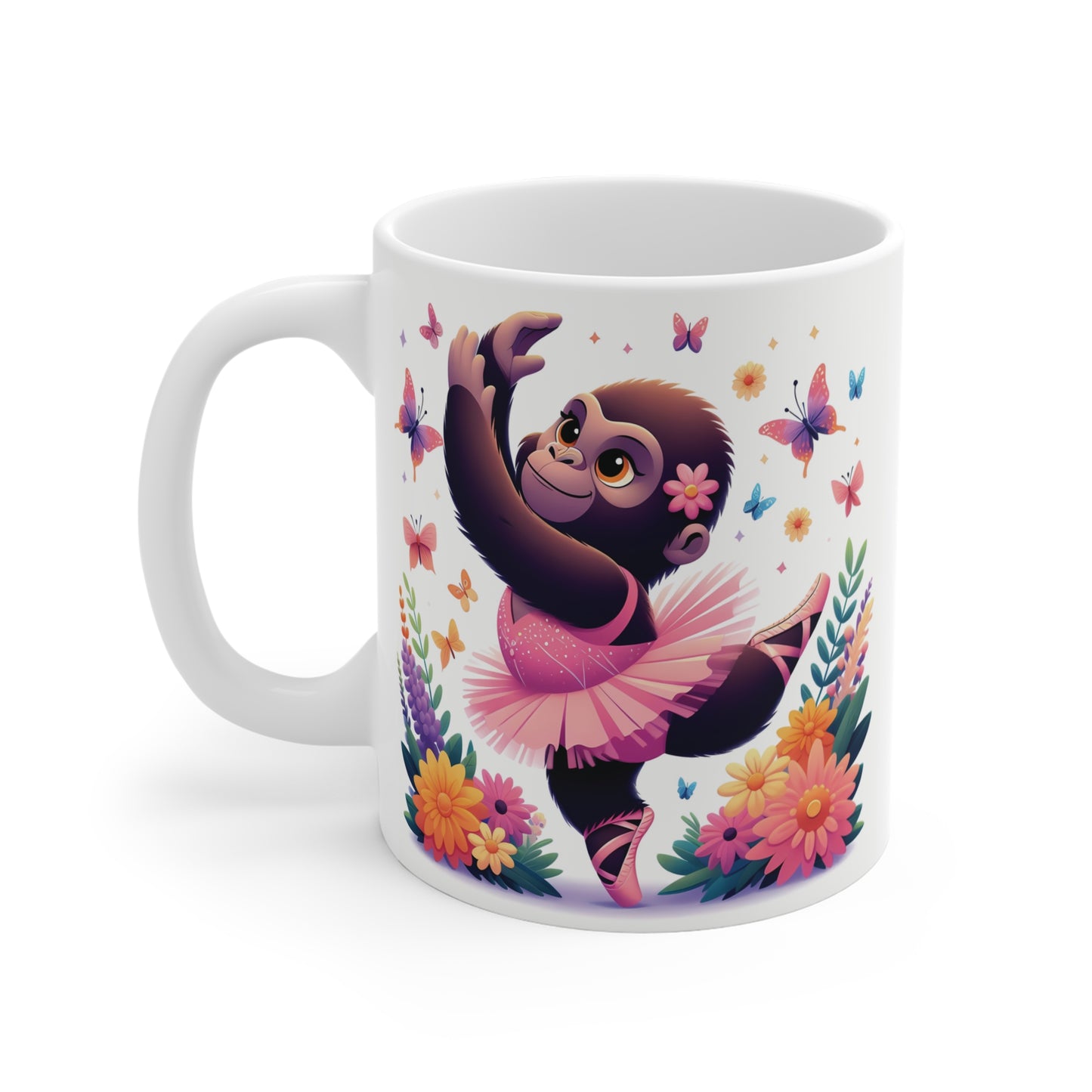 Whimsical gorilla ballet mug with a cute dancing monkey in a tutu among flowers and butterflies, charming coffee mug for girls and animal art fans.
