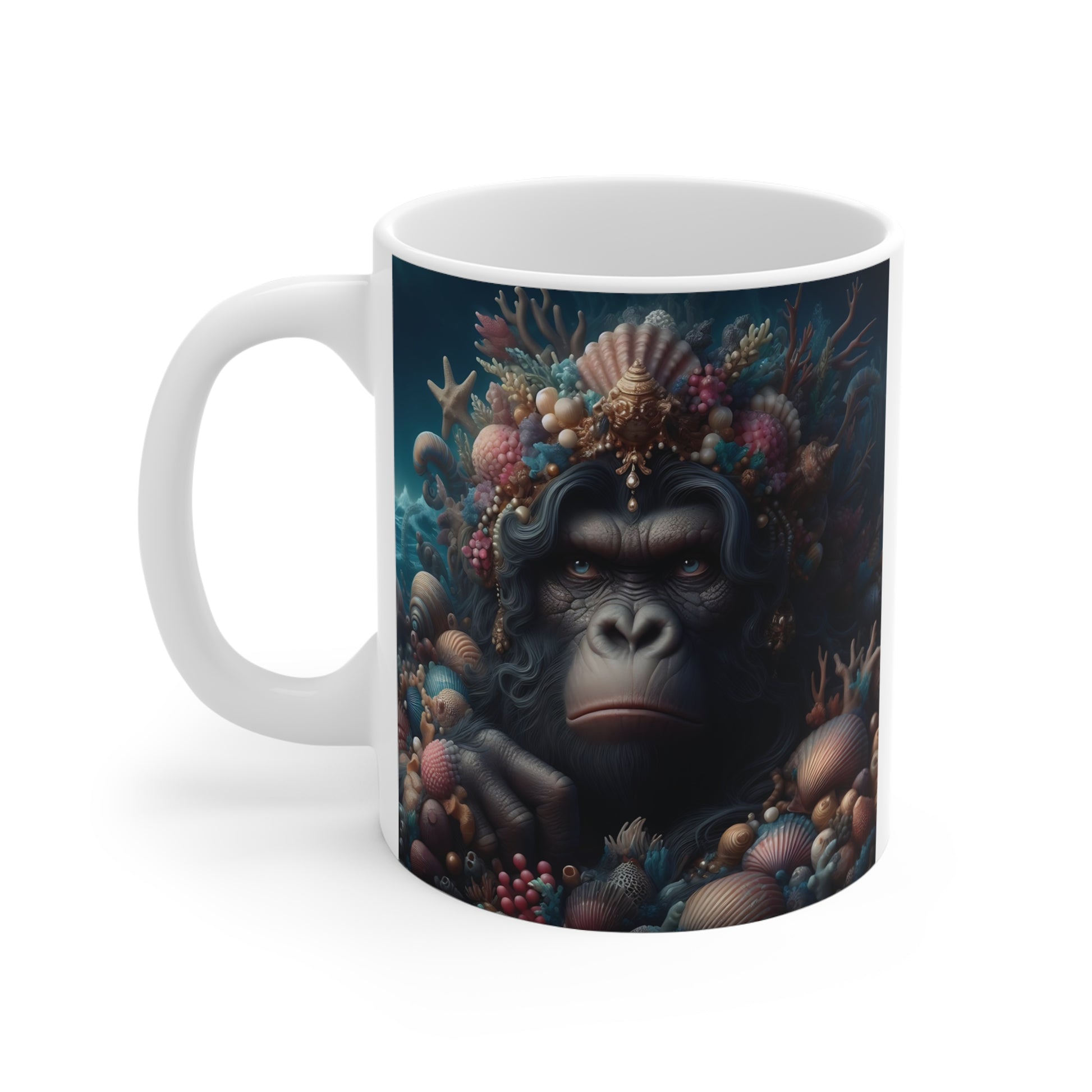White ceramic mug showcasing a mystical gorilla portrait surrounded by colorful ocean coral, shells, and marine life inspired artwork.