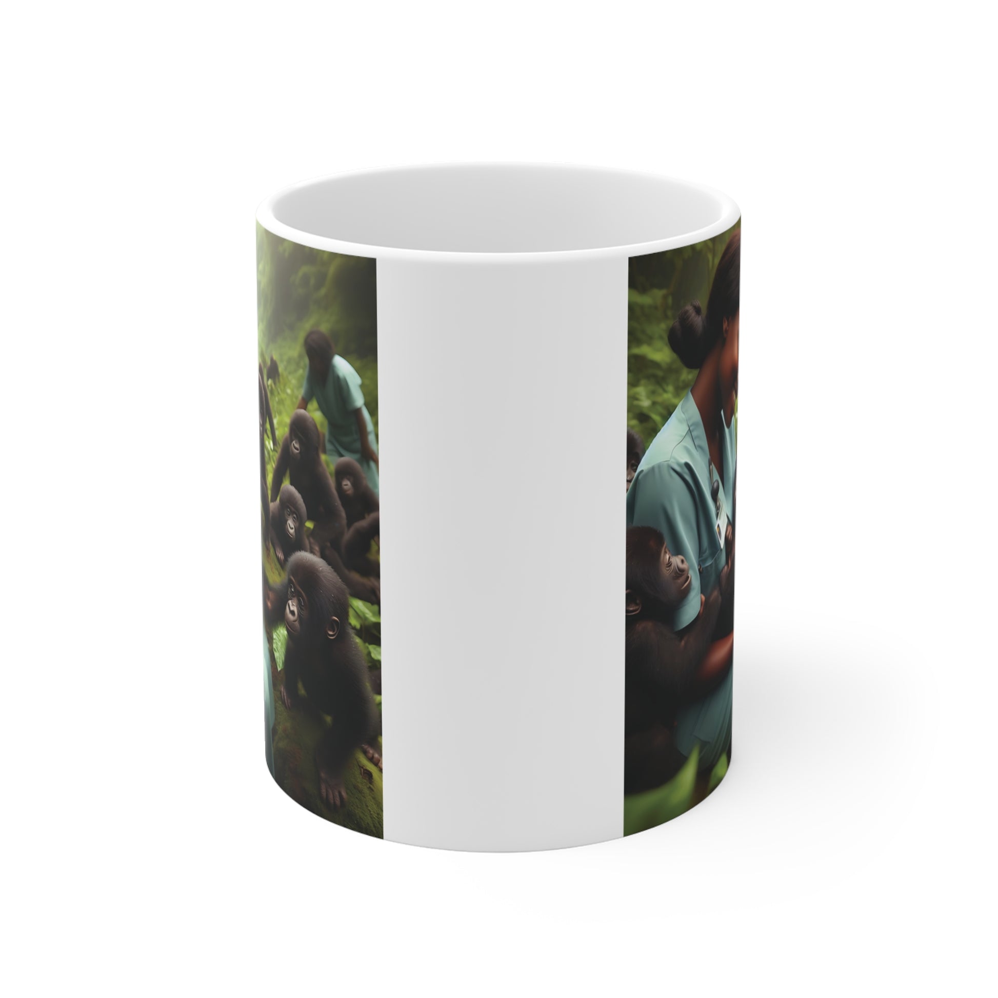 Artistic coffee mug showing a compassionate healthcare worker holding a baby gorilla surrounded by playful gorillas in a tropical forest scene.