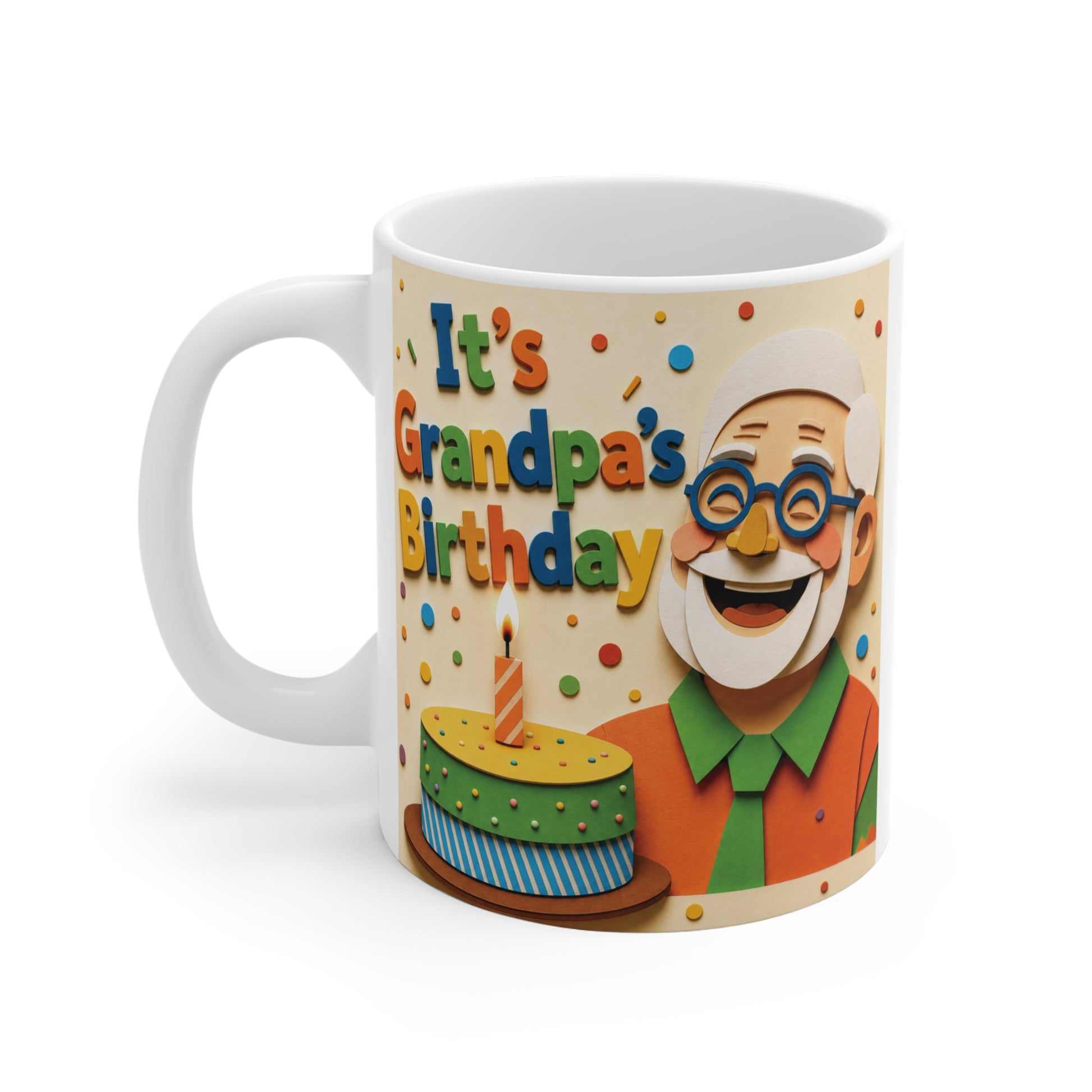 Cute birthday mug for grandpa featuring colorful typography, happy grandfather illustration, and festive birthday cake artwork on an 11oz ceramic cup.