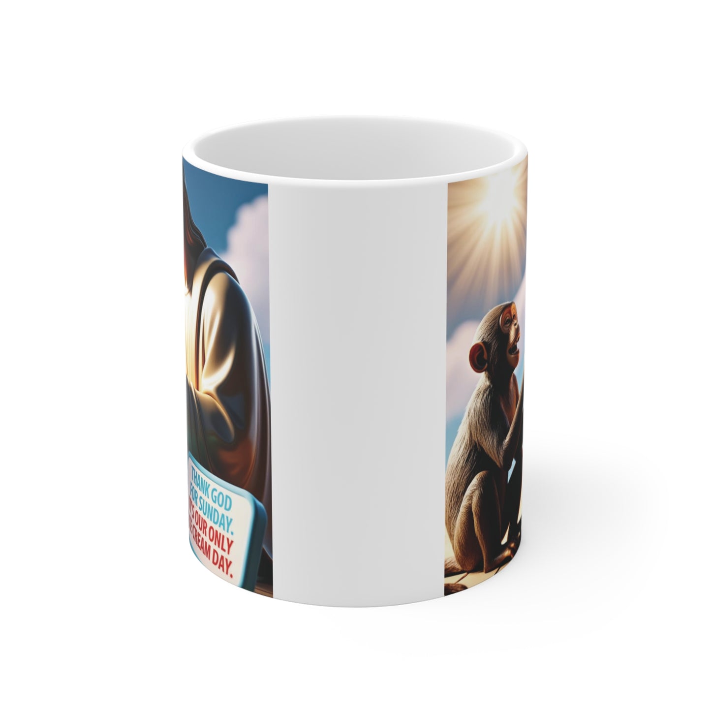 Humorous religious coffee mug featuring Jesus and monkey holding ice cream cone with playful Sunday quote