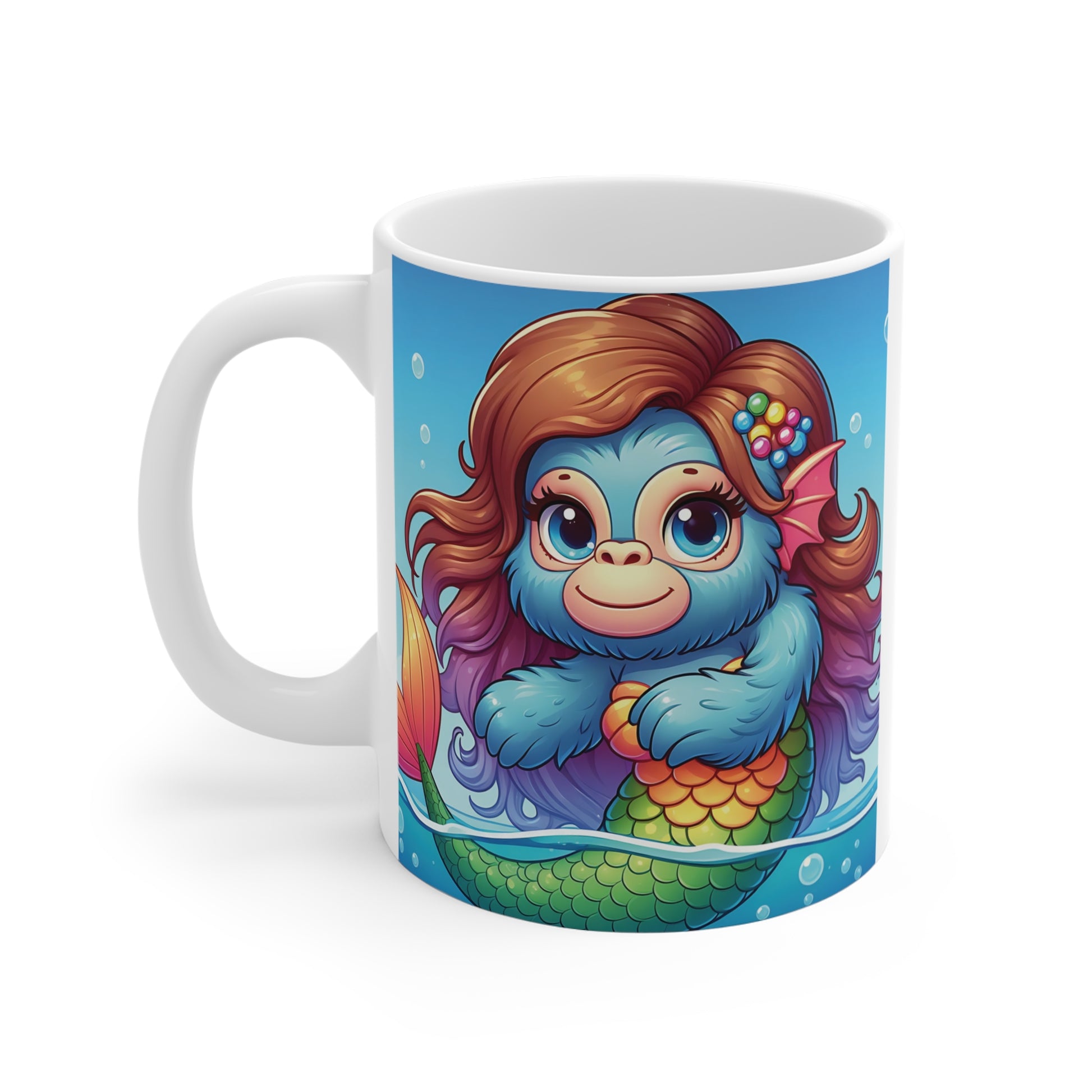 Cartoon-style blue gorilla mermaid with bright eyes, decorative hair accessories, and multicolored scales floating in a bubbly underwater scene on a ceramic coffee cup.
