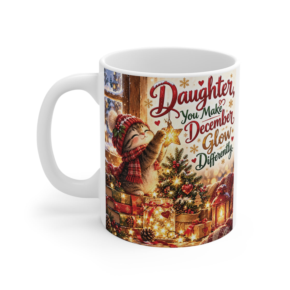 Cute cat Christmas mug for daughter featuring a cozy kitten reaching toward a glowing star, colorful Christmas presents and festive winter decorations.