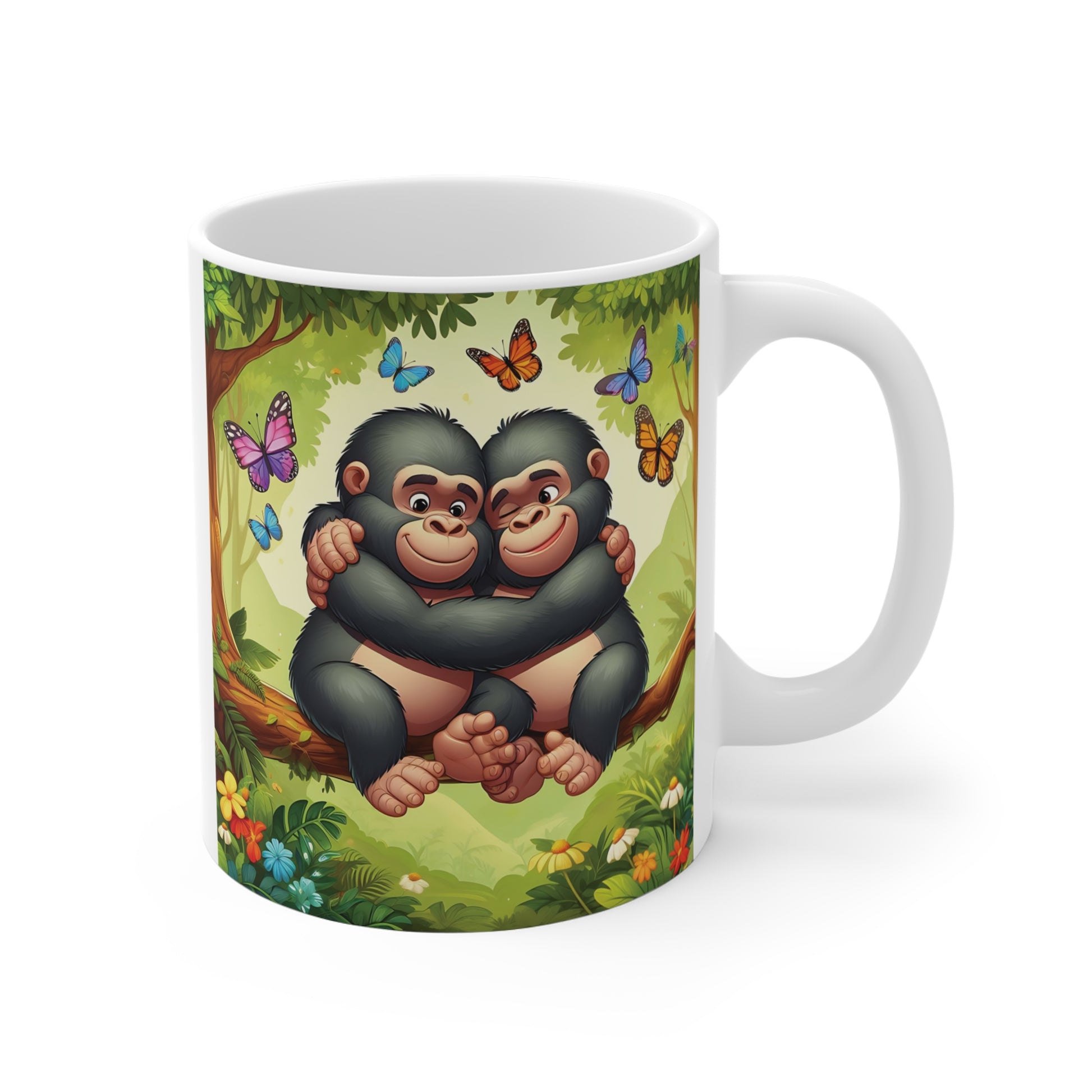 White ceramic mug featuring two adorable chimpanzees hugging on a tree branch surrounded by colorful butterflies, flowers, and a lush forest background.