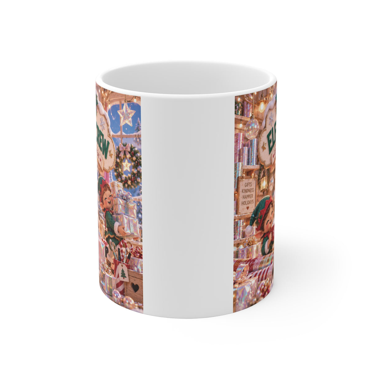Cute Christmas elf mug with Elf Wrap Crew design, colorful wrapped gifts and cozy North Pole holiday workshop scene