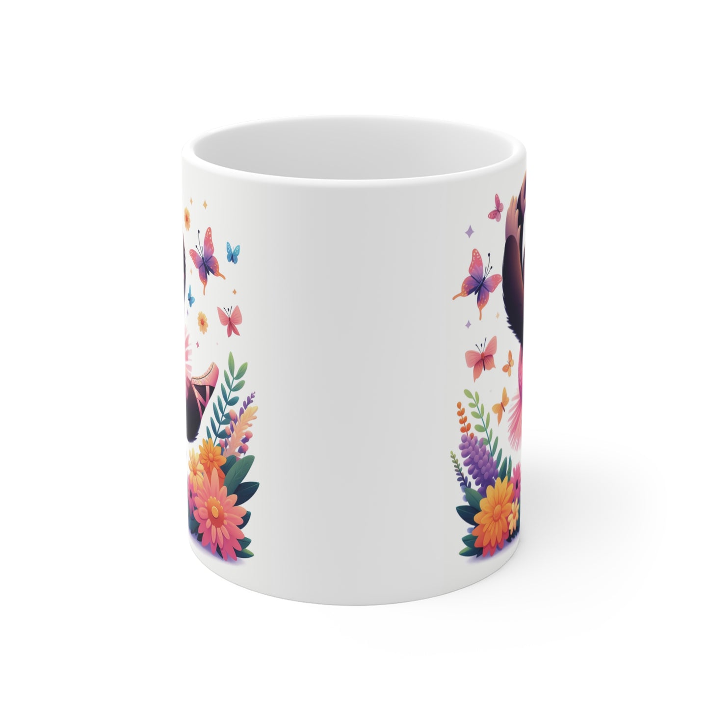 Cartoon baby gorilla ballerina mug featuring a dancing ape in a pink ballet dress with colorful floral and butterfly design, perfect for ballet lovers.