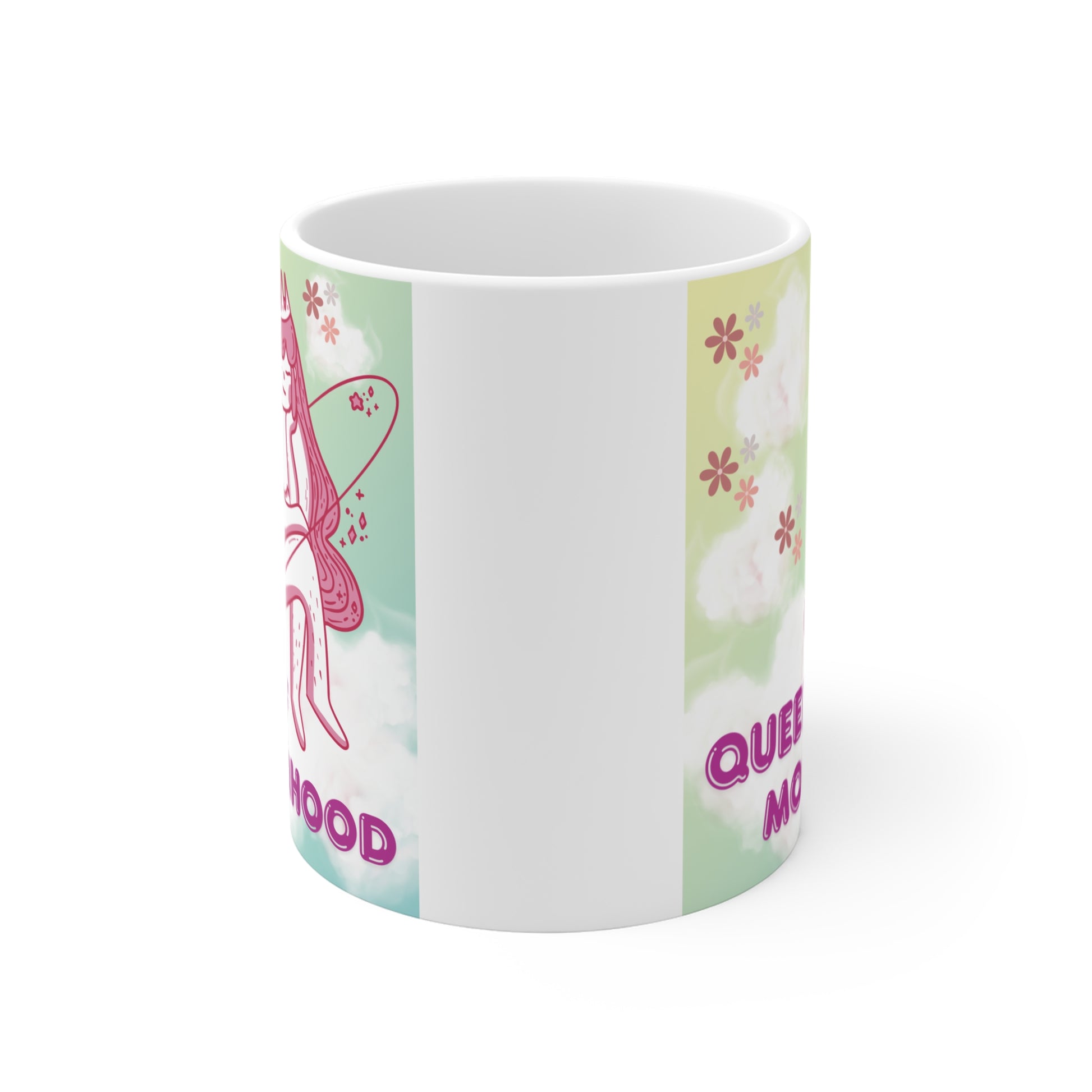 Motherhood themed coffee mug featuring whimsical queen character with crown, wings and “Queen of Motherhood” quote