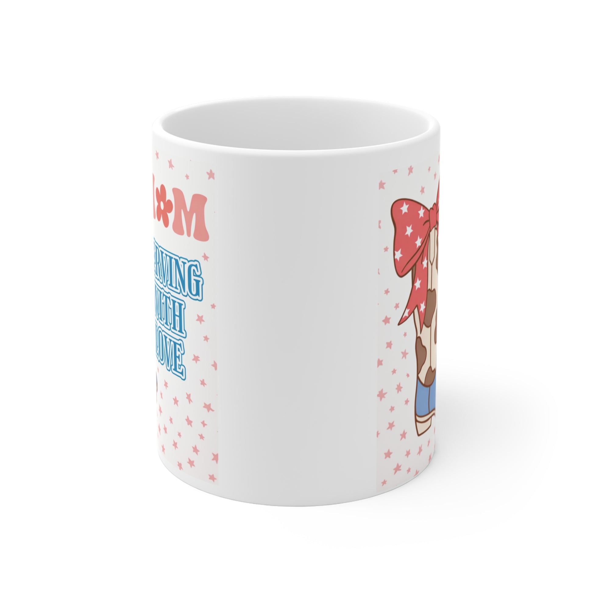 Aesthetic mom mug with cowboy boots illustration, soft pink bow and stars, “Mom Serving With Love” quote, perfect Mother’s Day gift coffee cup