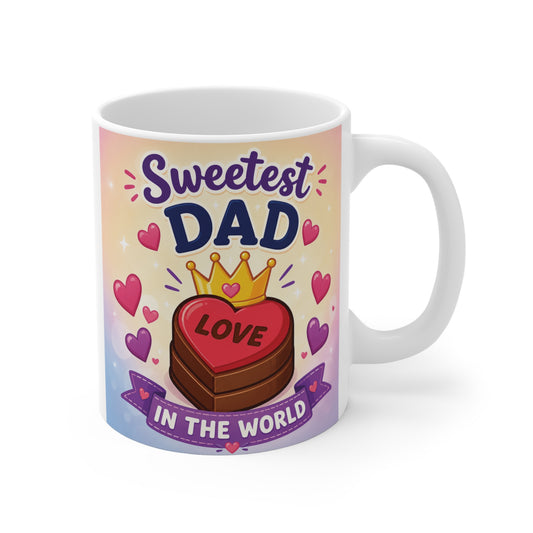 Cute Sweetest Dad in the World 11oz ceramic coffee mug with heart chocolate illustration