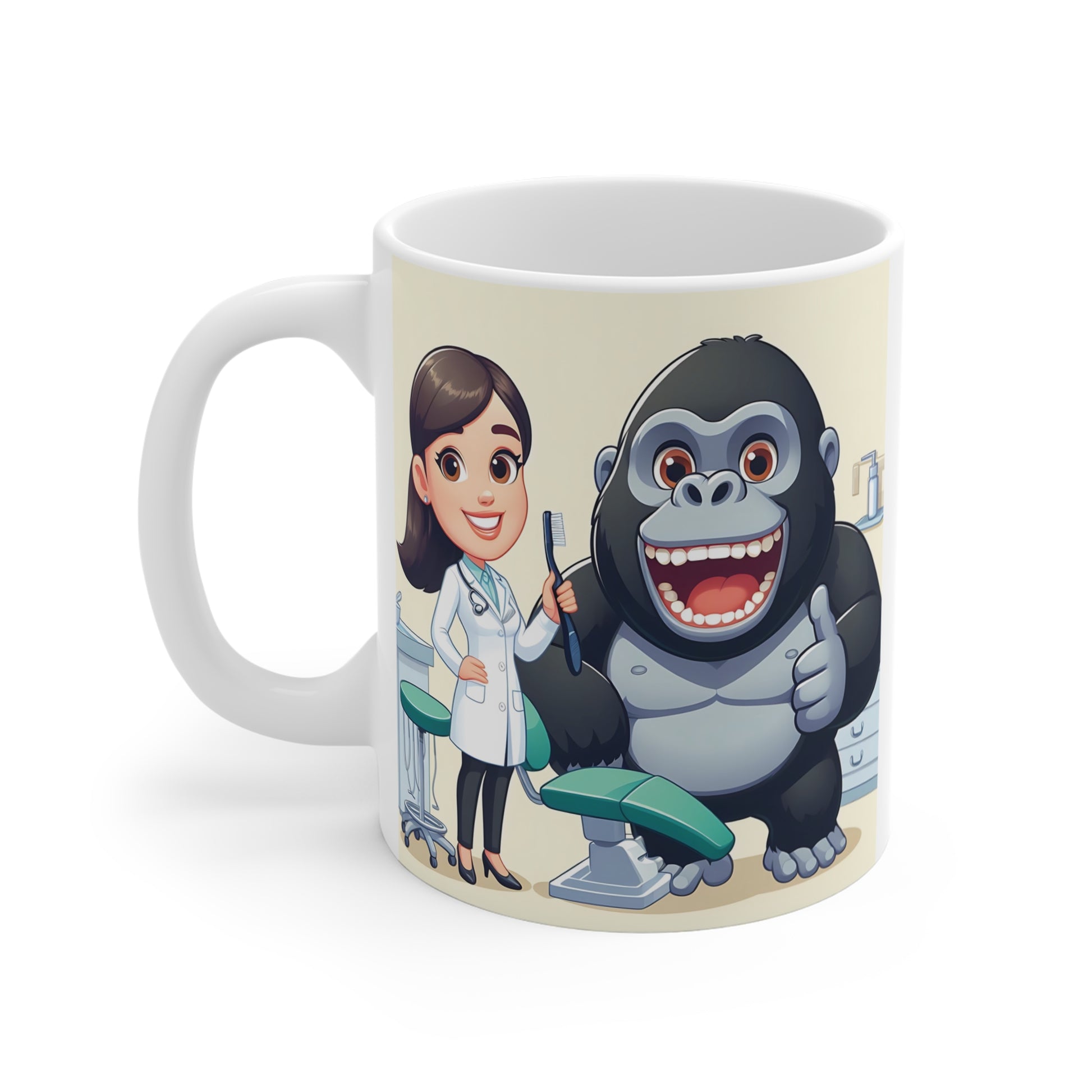 Cute dentist and gorilla illustration printed on a ceramic mug, ideal as a dental hygienist or dentist gift.