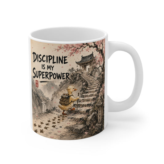 Discipline Is My Superpower 11oz ceramic mug featuring a determined duck climbing temple steps in Japanese watercolor style.