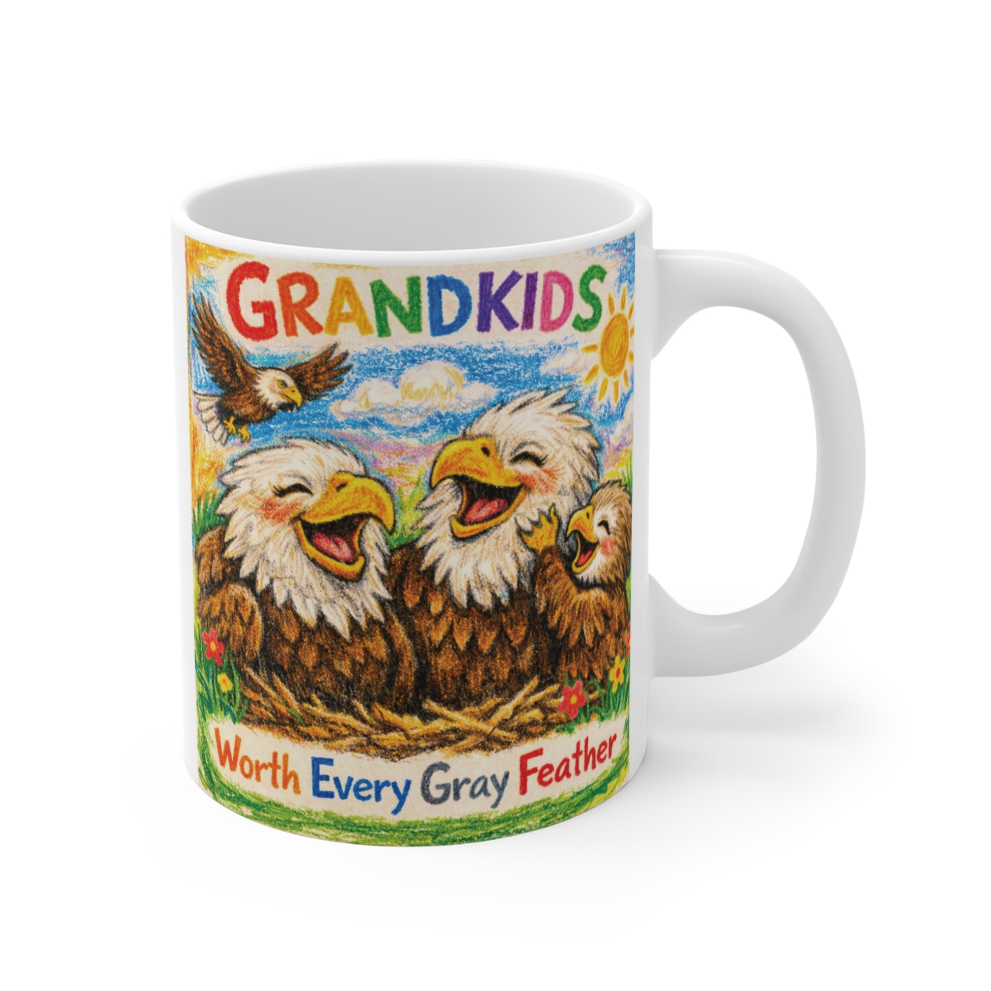 Grandkids Worth Every Gray Feather 11oz ceramic coffee mug featuring a colorful crayon-style family of smiling bald eagles, a funny and heartwarming gift for Grandma and Grandpa.