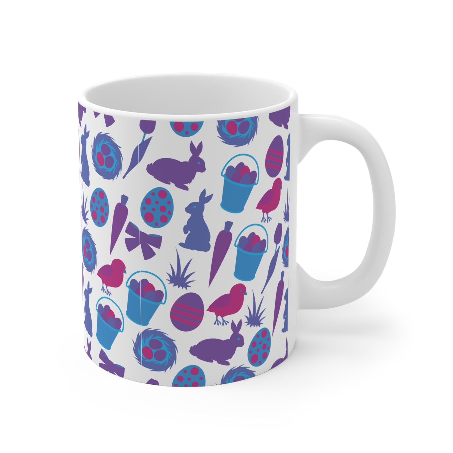 Spring-themed mug design with Easter icons including eggs, birds, baskets, and bows in purple and blue tones