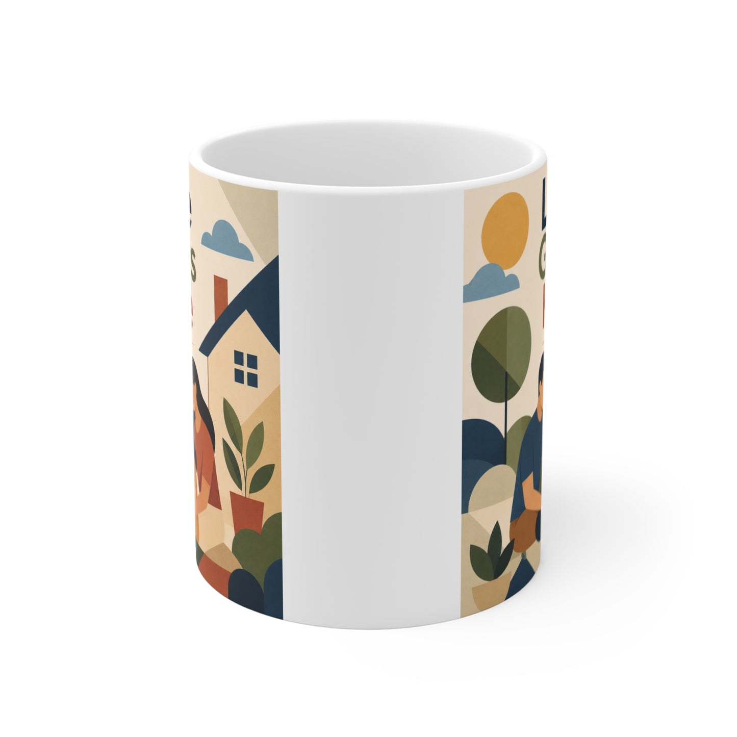 Cute family themed ceramic mug featuring Love Grows Here quote for coffee, tea, and cozy kitchen decor