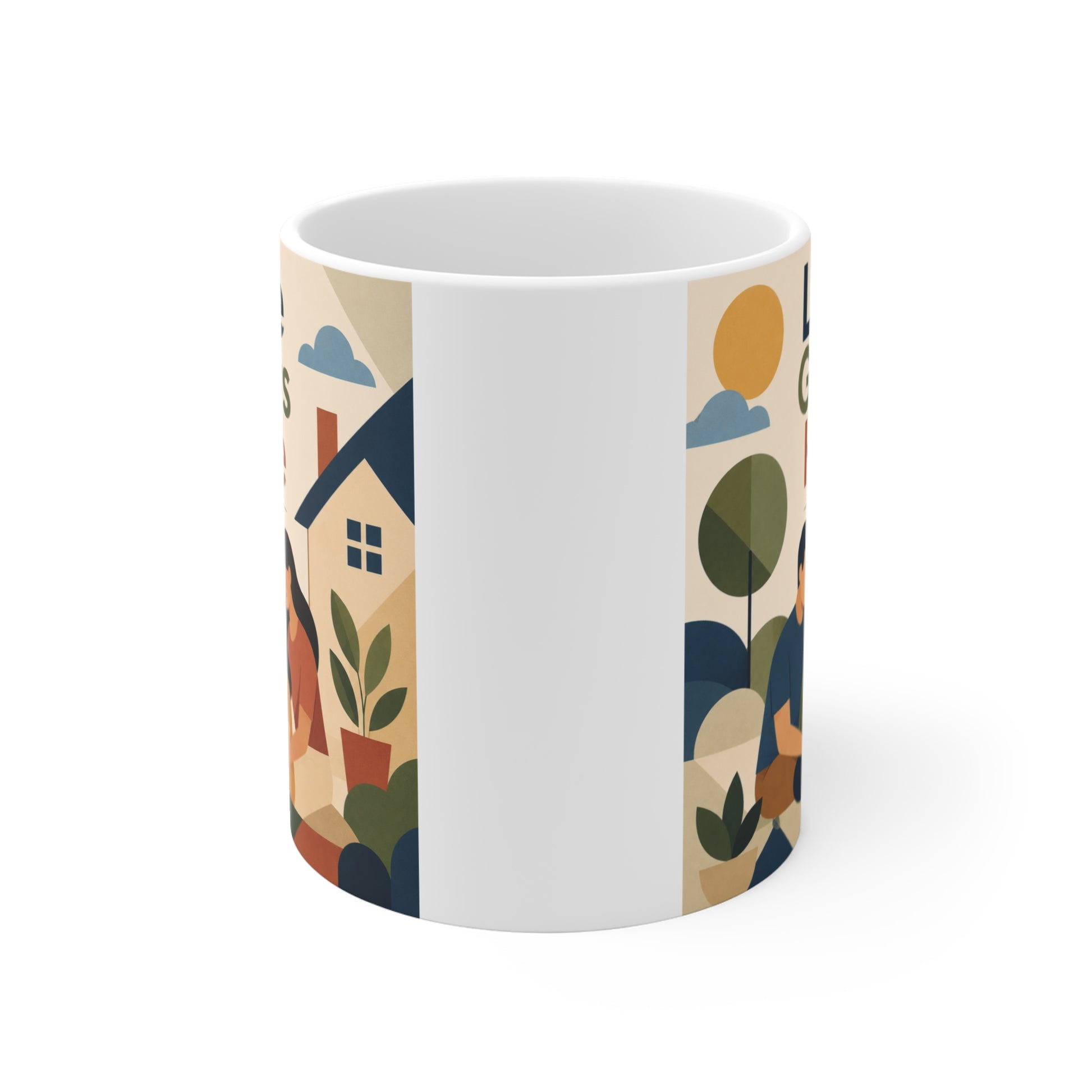 Cute family themed ceramic mug featuring Love Grows Here quote for coffee, tea, and cozy kitchen decor