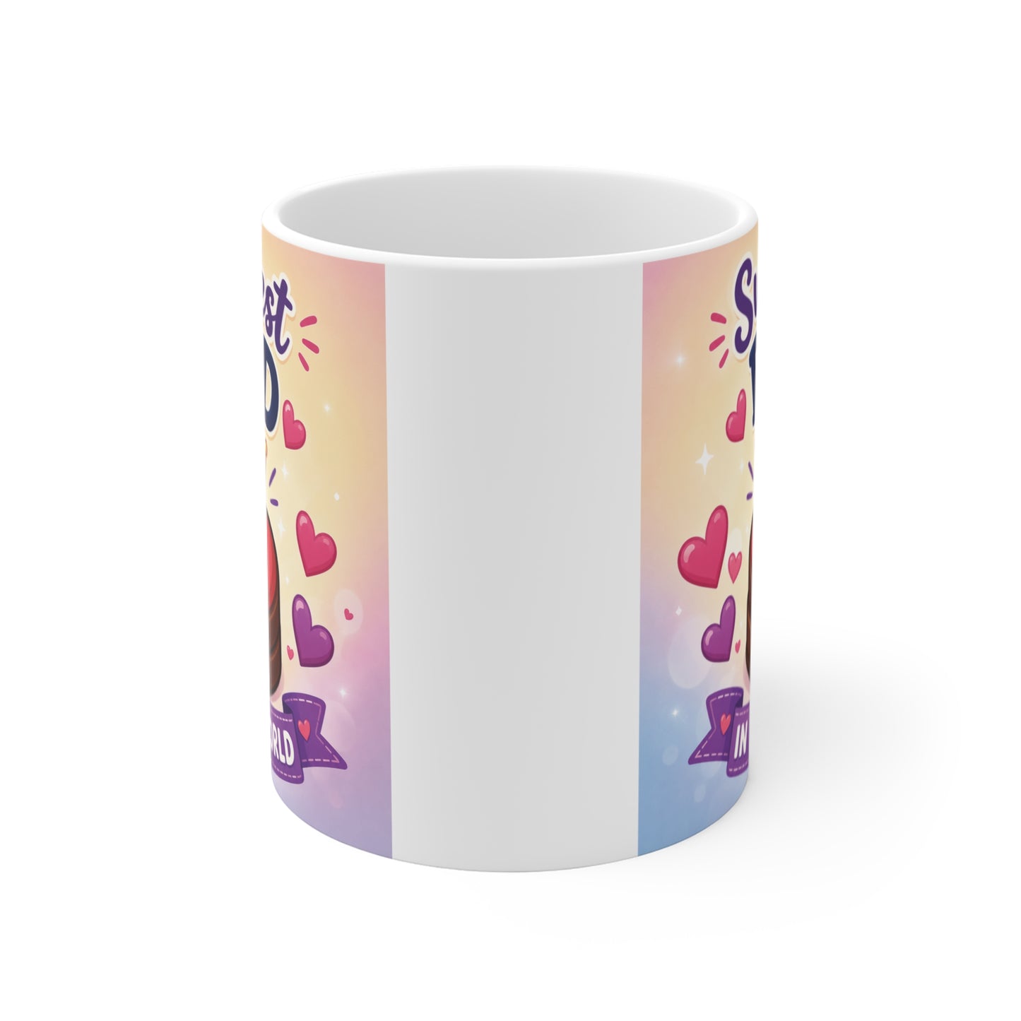 Colorful Father’s Day mug featuring crown, hearts, and Sweetest Dad typography