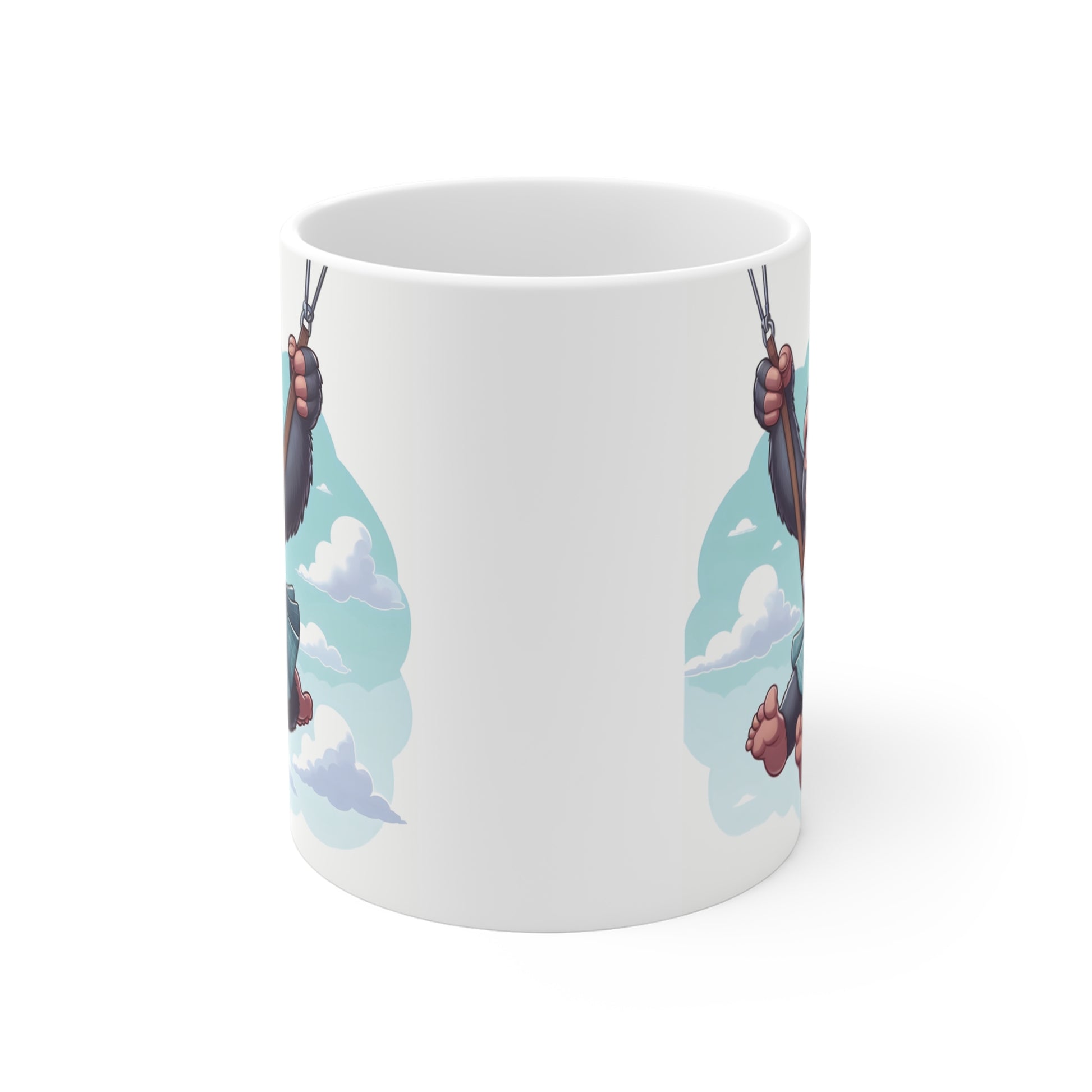 Kawaii monkey swinging through clouds, smiling baby ape in outfit, whimsical cartoon coffee mug design gift