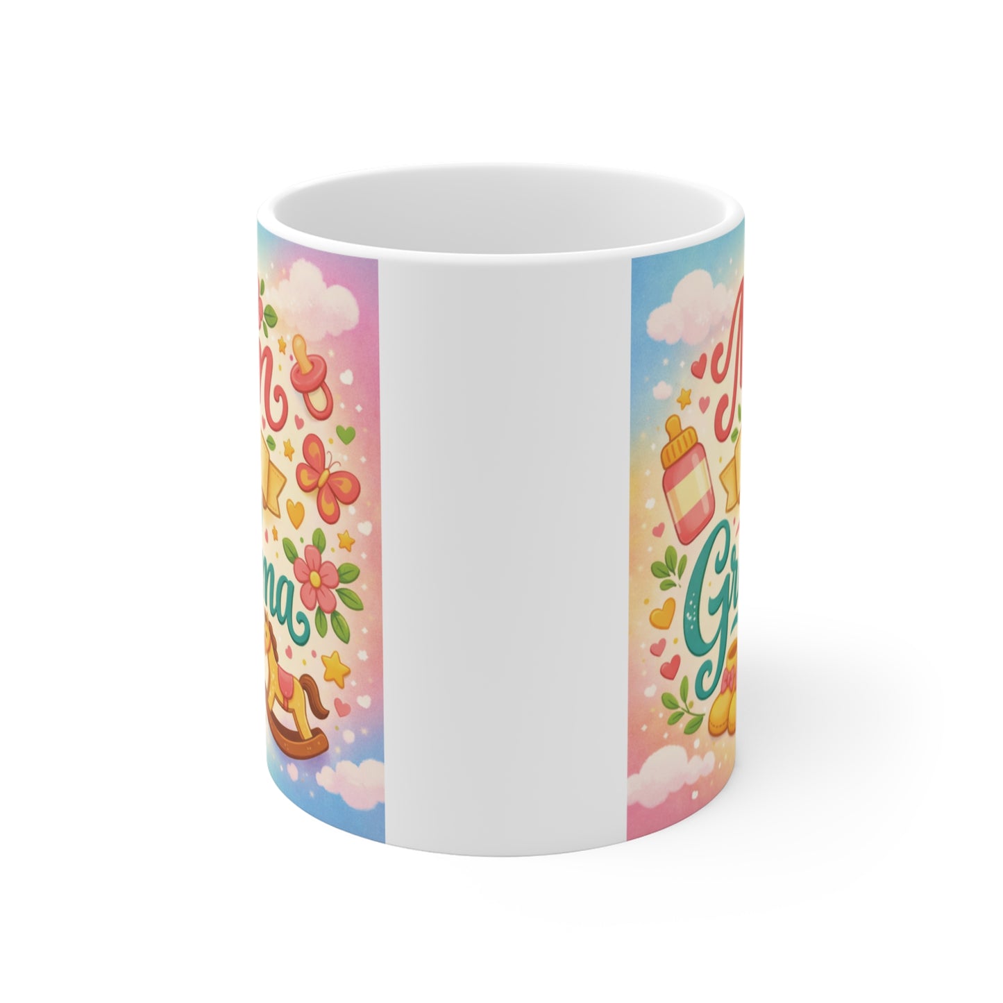 Cute new grandma coffee mug featuring Mom Now Grandma text, flowers, and baby-themed artwork