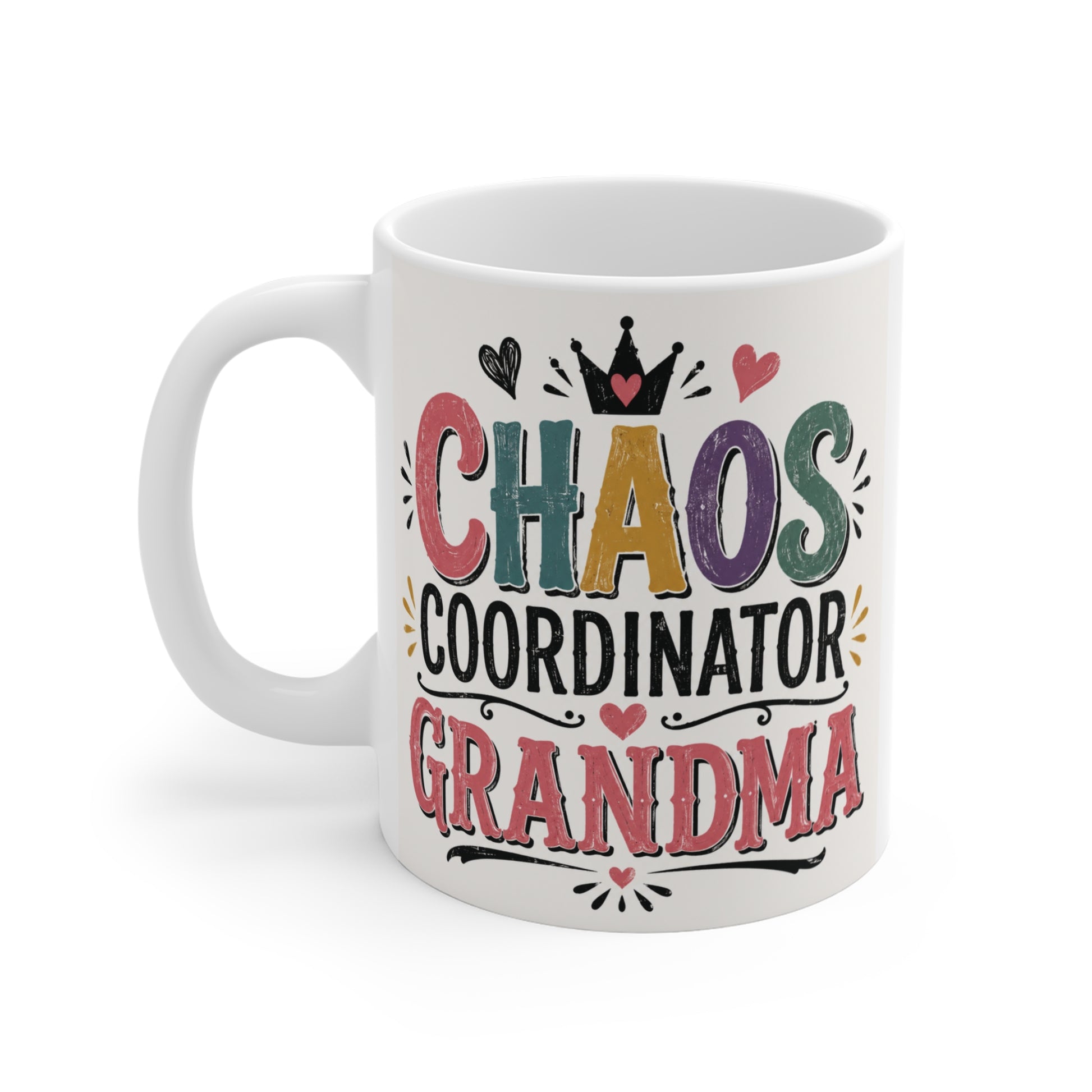 11oz Chaos Coordinator Grandma coffee mug featuring colorful vintage-style lettering and cute decorative icons