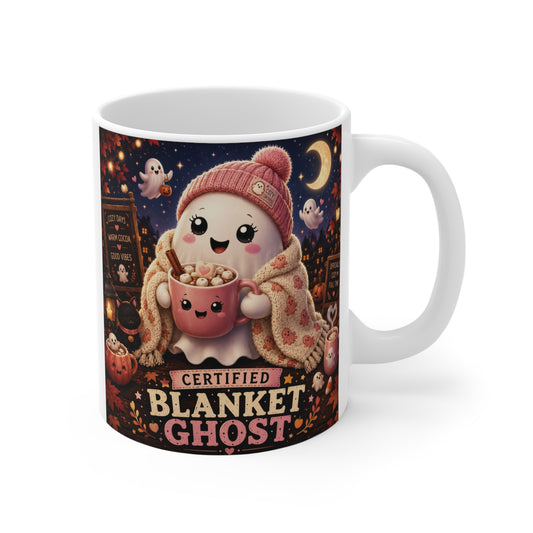 Certified Blanket Ghost 11oz ceramic coffee mug featuring a cute ghost wrapped in a cozy blanket holding hot cocoa with pumpkins and autumn night background.